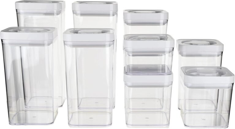 Amazon Basics Airtight Food Storage Containers, BPA Free, Dishwasher Safe, with Twist/Turn Lids, for Kitchen Pantry Organization, 10-Piece Square Set, Clear Plastic