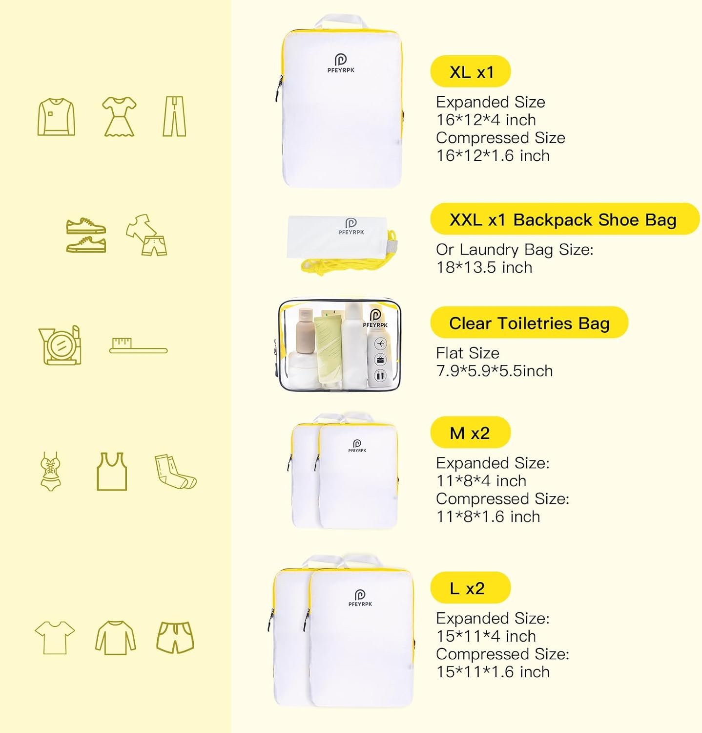 PFEYRPK Lightweight Compression Packing Cubes for Suitcases, Compressible Expandable Travel Packing Organizer with Clear Toiletries and Backpack Bag, Travel Essentials for Carry on Luggage 7 Set - Image 6