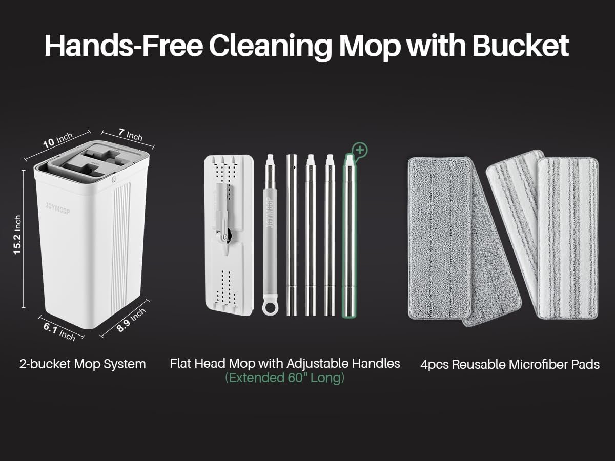 JOYMOOP Flat Mop System, Microfiber Mop and Bucket Set, White, Commercial & Household Use, Hardwood Floor & Wall Cleaning Mop with Long Handle, 4 Microfiber Pads - Image 4