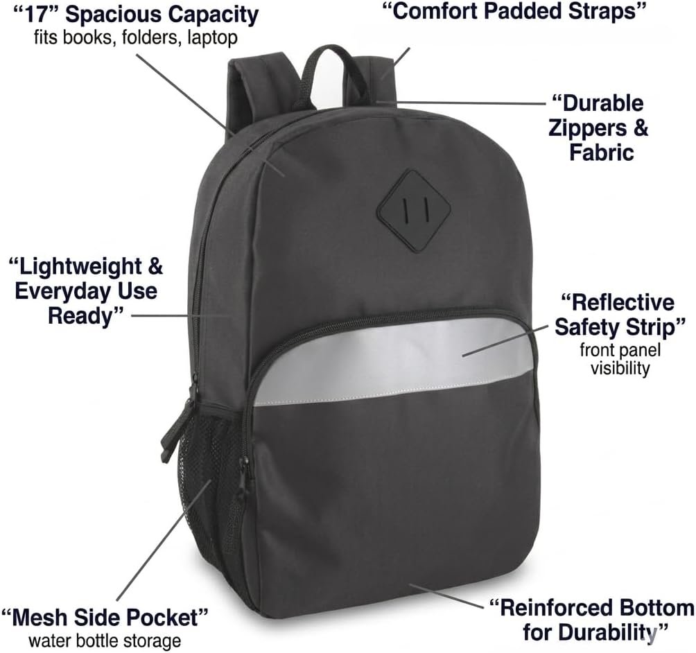 Trail maker (24 Pack) 17" Backpack – Reflective School Backpack with Padded Straps, Water Bottle Pockets for Kids & Adults, School Travel Camp (Black) - Image 5
