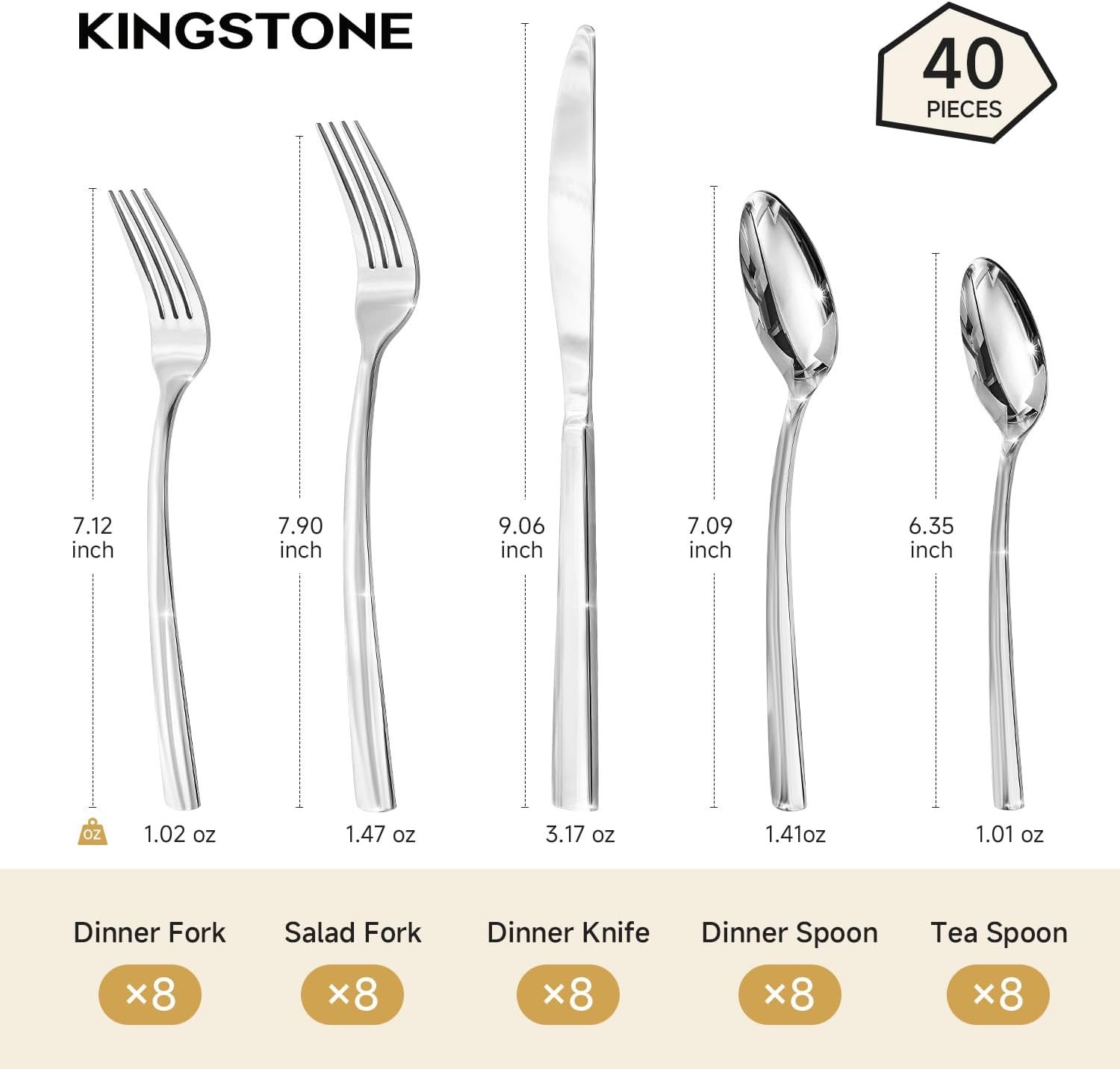Silverware Set for 8, 40 Piece Heavy Duty 18/10 Stainless Steel Flatware Set, Mirror Polished Cutlery Set with Knives Forks Spoons, Dishwasher Safe Eating Utensils for Home Kitchen Wedding - Image 2