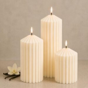White Ribbed Pillar Candles,Vanilla...