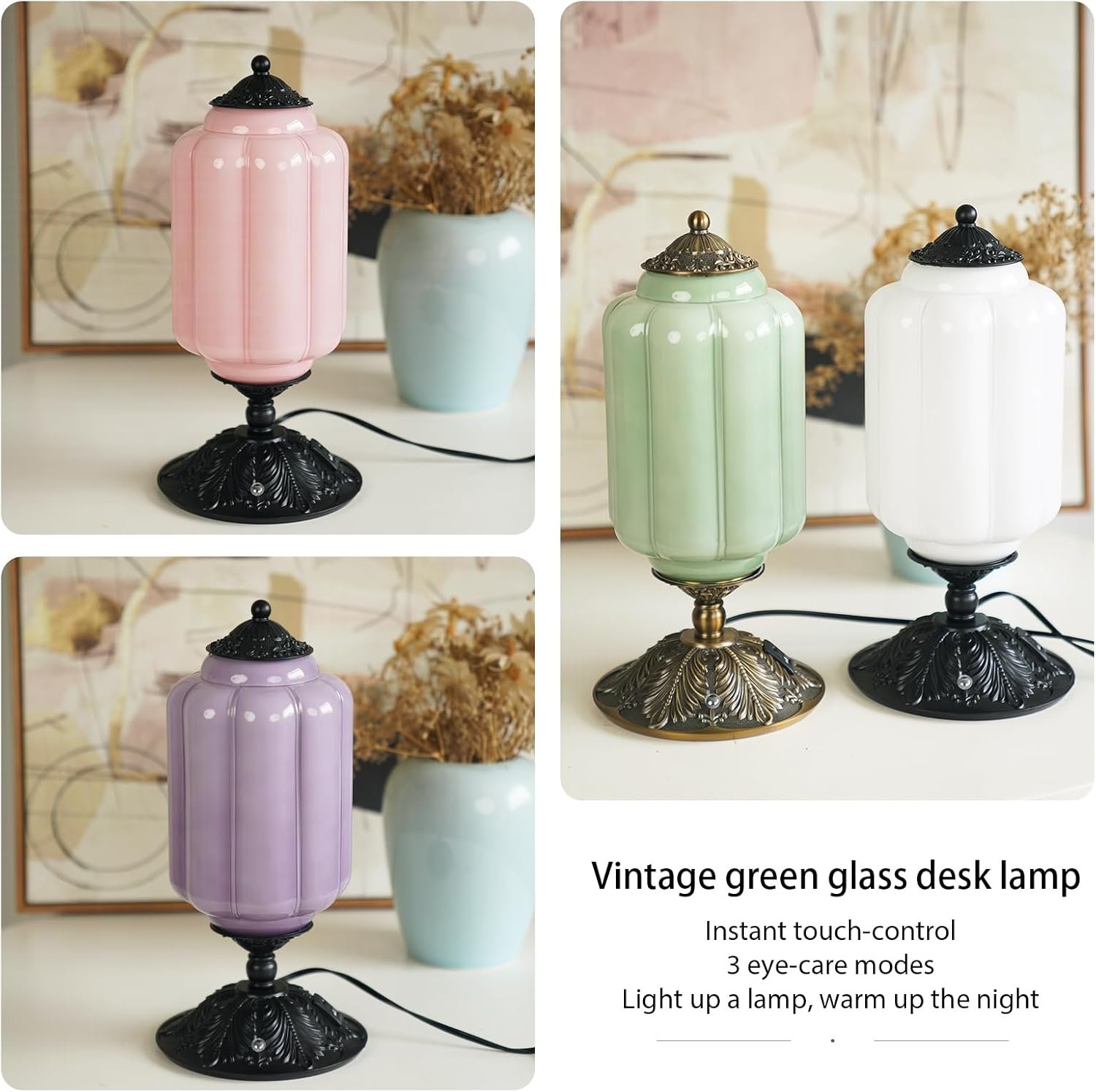 Milk Glass Touch Table Lamp, Elegant Green Jadeite Glass Bedside Desk Lamp 3 Way Dimmable with USB C+A Charging Ports - Bedroom Nightstand & Living Room Essential, 4W Bulb Included (Green, 6.5) - Image 6