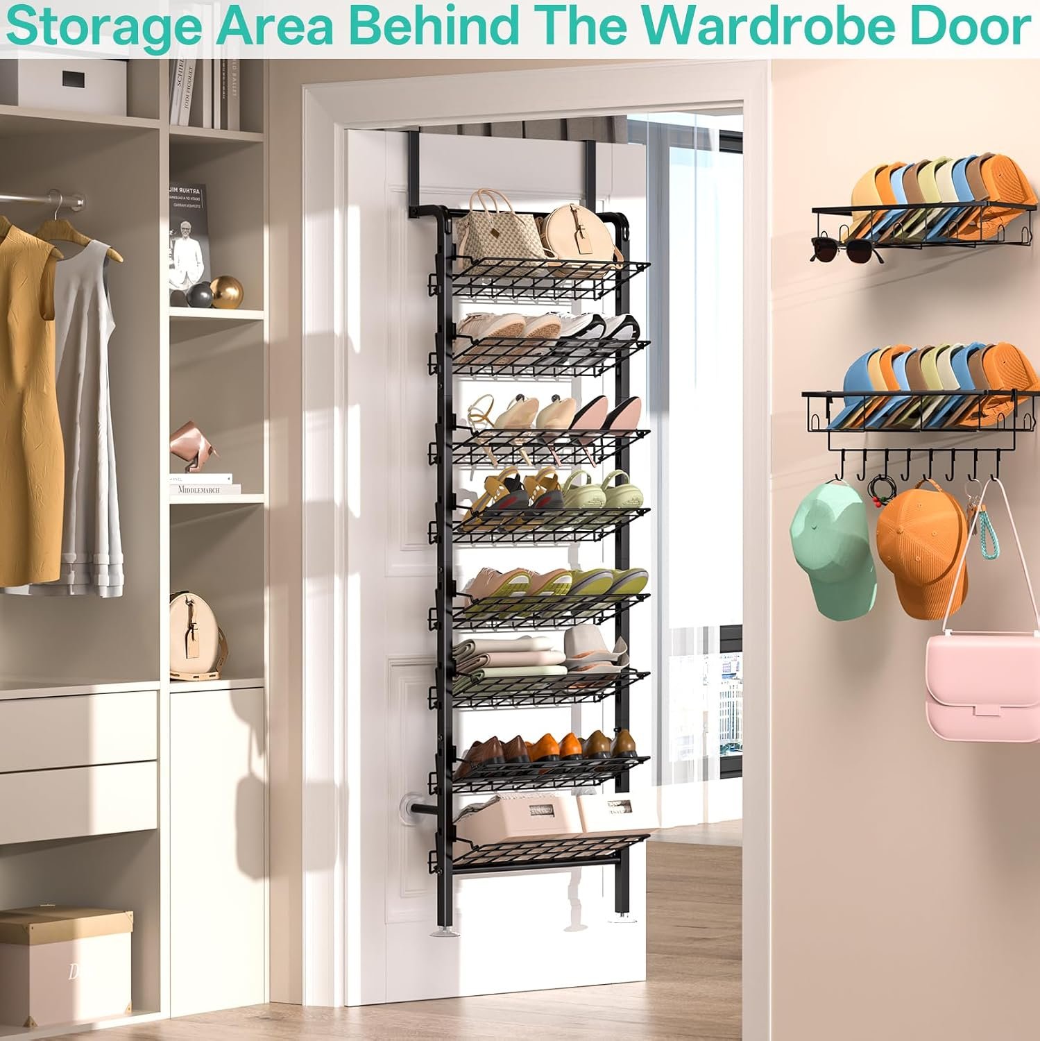 DTUQYX Over Door Shoe Rack - 8 Tiers Adjustable Heavy Duty Metal Hanging Shoe Rack for Closet Door, Space Saving Wall Mounted Shoe Storage Organizer for Shoes & Accessories, 67.52"x17.91"x9.84" - Image 6
