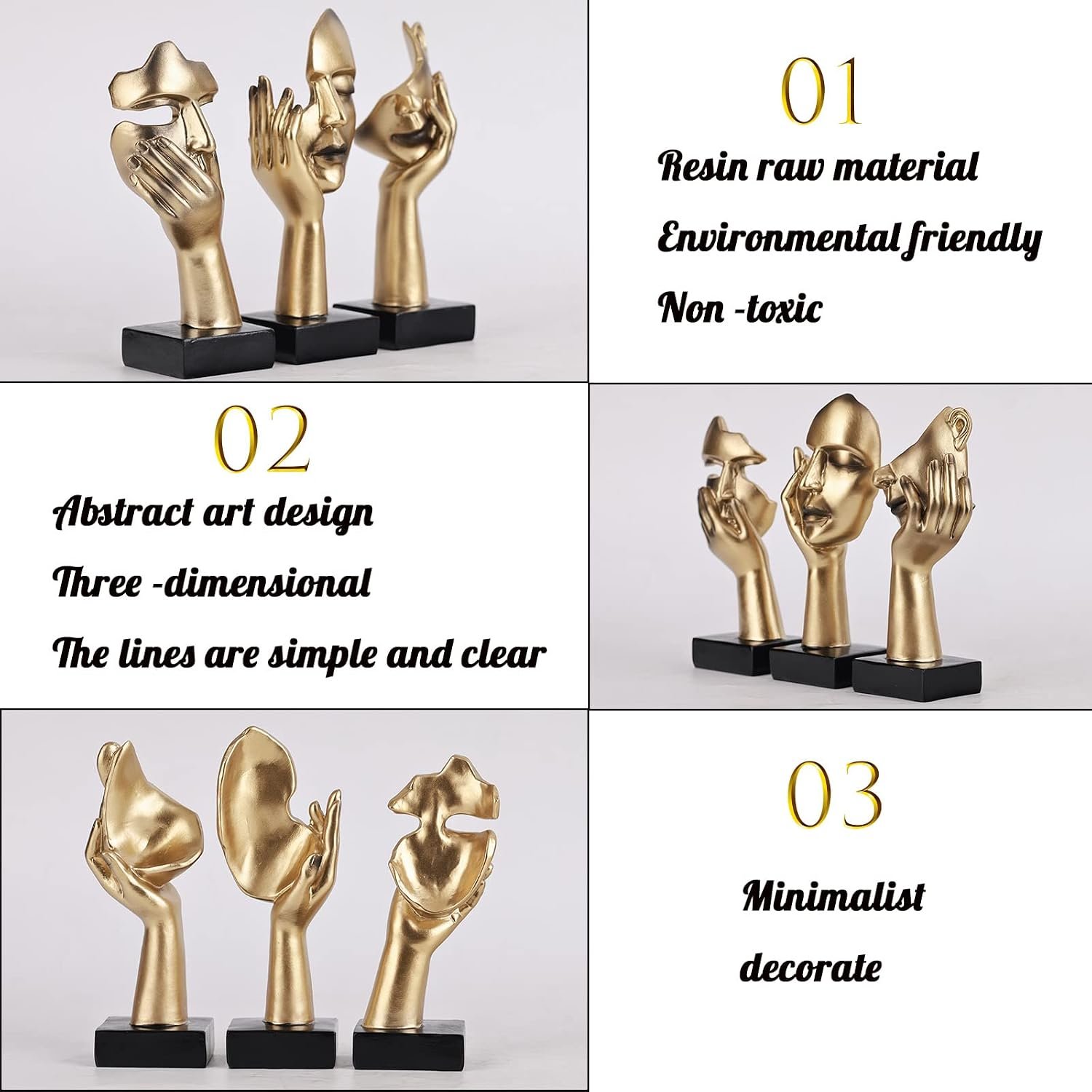 3 Pcs Thinker Small Statue Set - Black Gold Home Decor Abstract Art Figurines for Shelves, Living Room Coffee Table, Office Desktop (3 Pcs Gold, 6") - Image 5