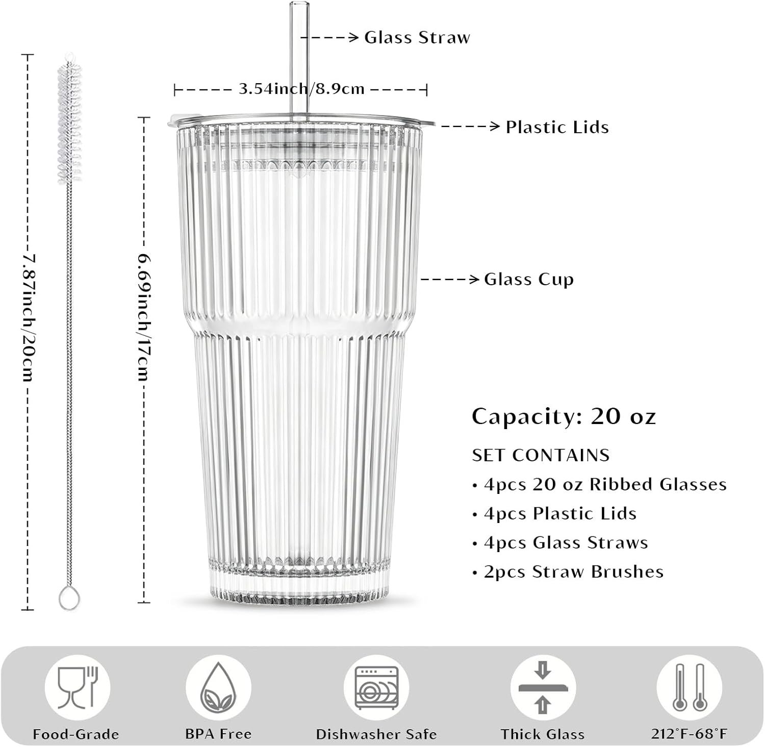 INSETLAN 20 oz Ribbed Glass Tumblers with Lids and Glass Straws – 4-Piece Glassware Set, Thickened Wall, Ideal for Iced Coffee, Smoothies, Cocktails, and Juices – Elegant and Durable Drinkware - Image 2