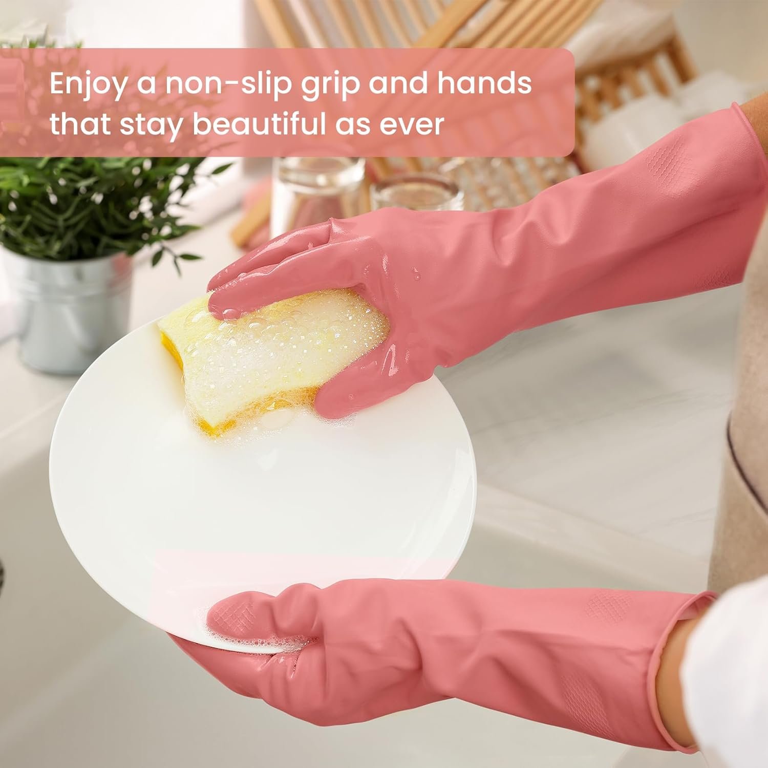 Rubber Cleaning Gloves for Dishwashing, 4 Pairs Reusable Kitchen Gloves for Washing Dishes and Household Cleaning, Colorful Dish Gloves with Flocked Lining and Non-Slip Grip, Pefect for Woman Men - M - Image 3