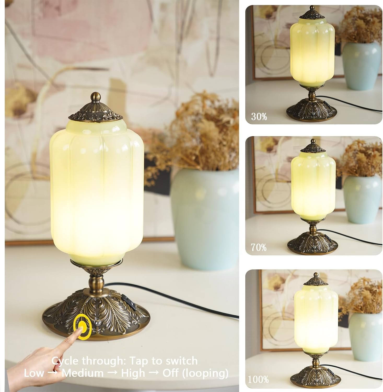 Milk Glass Touch Table Lamp, Elegant Green Jadeite Glass Bedside Desk Lamp 3 Way Dimmable with USB C+A Charging Ports - Bedroom Nightstand & Living Room Essential, 4W Bulb Included (Green, 6.5) - Image 4
