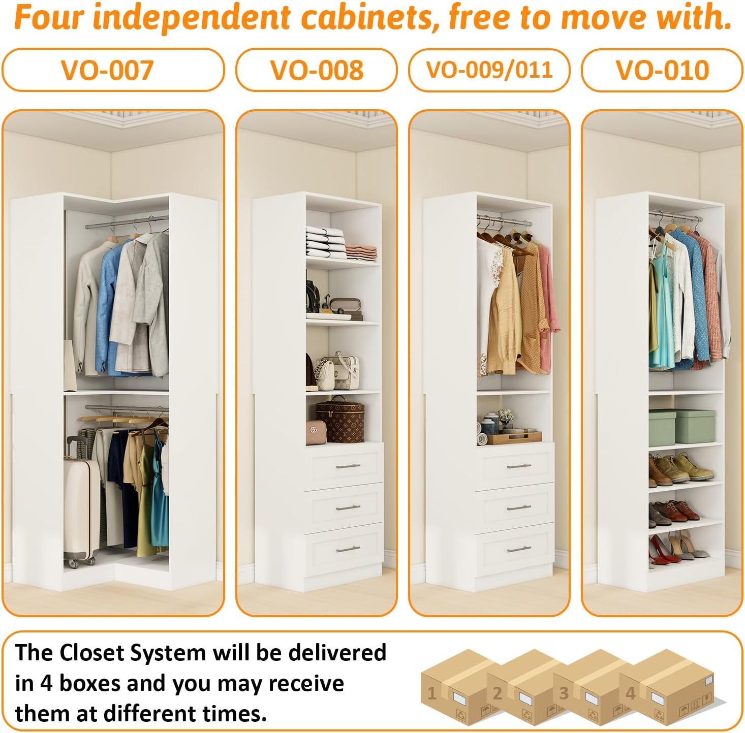 Vomavex Closet System with 4 sets, 101.9" Closet Organizer Systems with 6 Drawers & 8 Hanging Rods & Adjustable Shelves, Walk in Closet Standing Closet System, Corner Closet System Set, White - Image 5