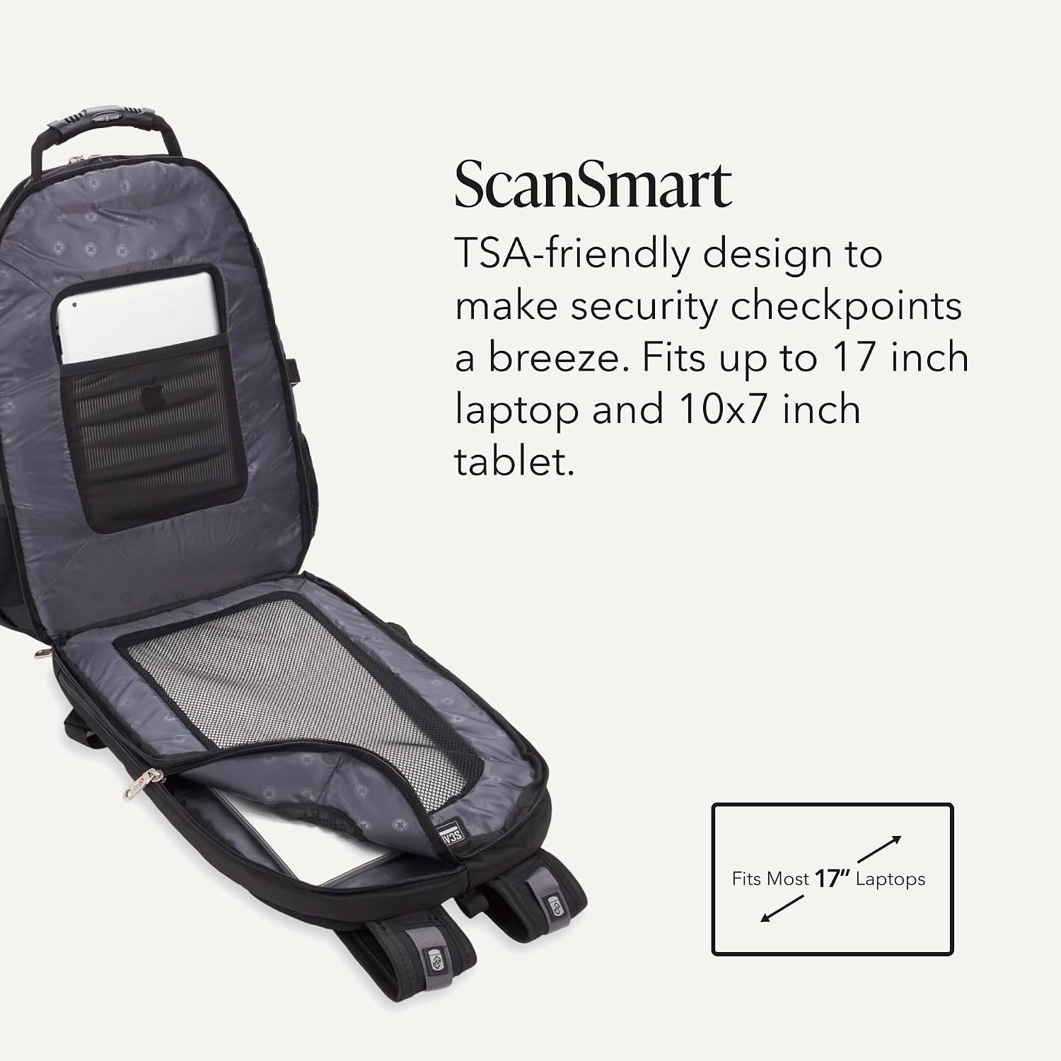 SWISSGEAR 1900 ScanSmart Laptop Backpack, Fits Most 17-Inch Laptops, TSA-Friendly Lay-Flat Design, RFID Protection, and Tablet Pocket, Black, 31L, 18.5-Inch - Image 3