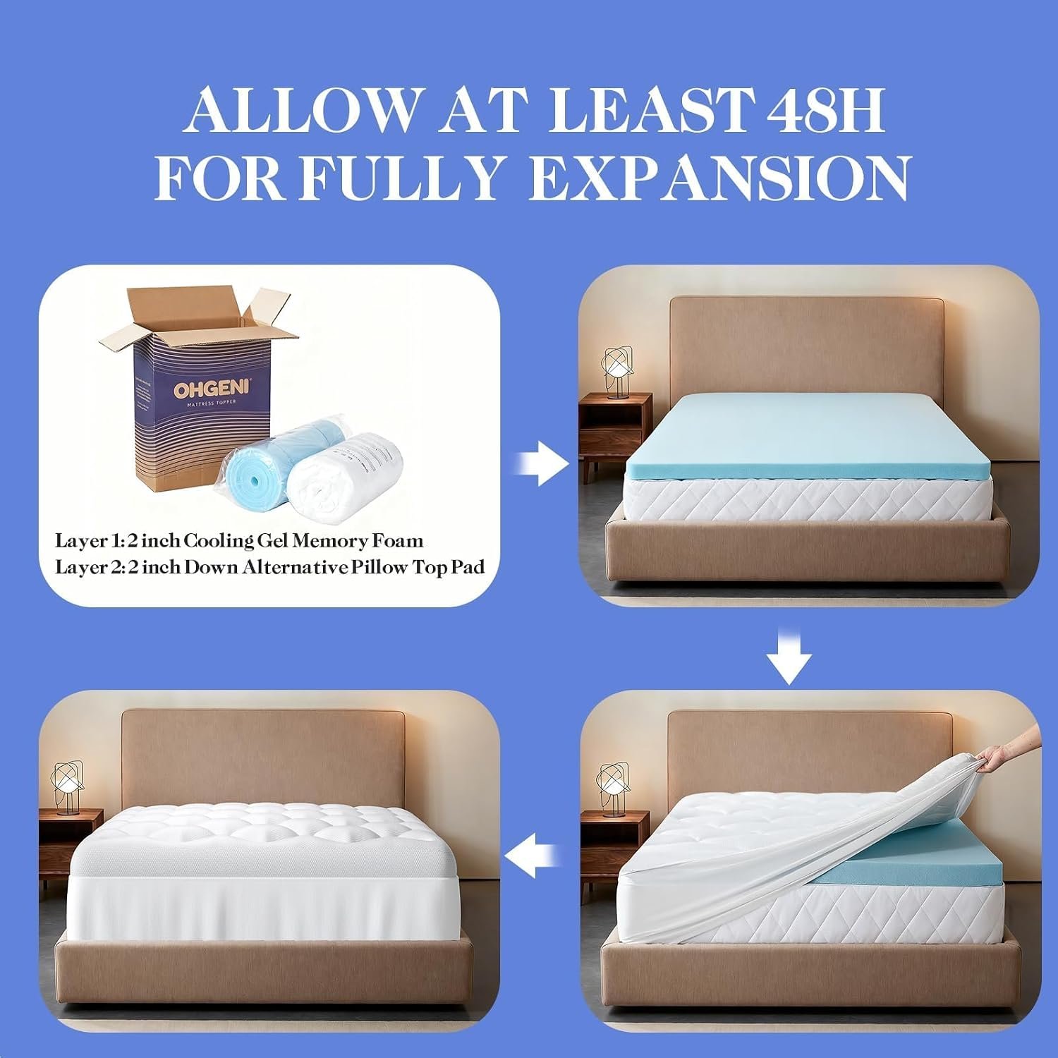 OhGeni Cooling 4 lnch Queen Size Dual Layer Mattress Topper, 2 Inch Gel Memory Foam, 2 Inch Soft Pillow Top Pad, Guest Bedroom Essentials Mattresses Cover, with 1000 pcs air Holes - Image 5