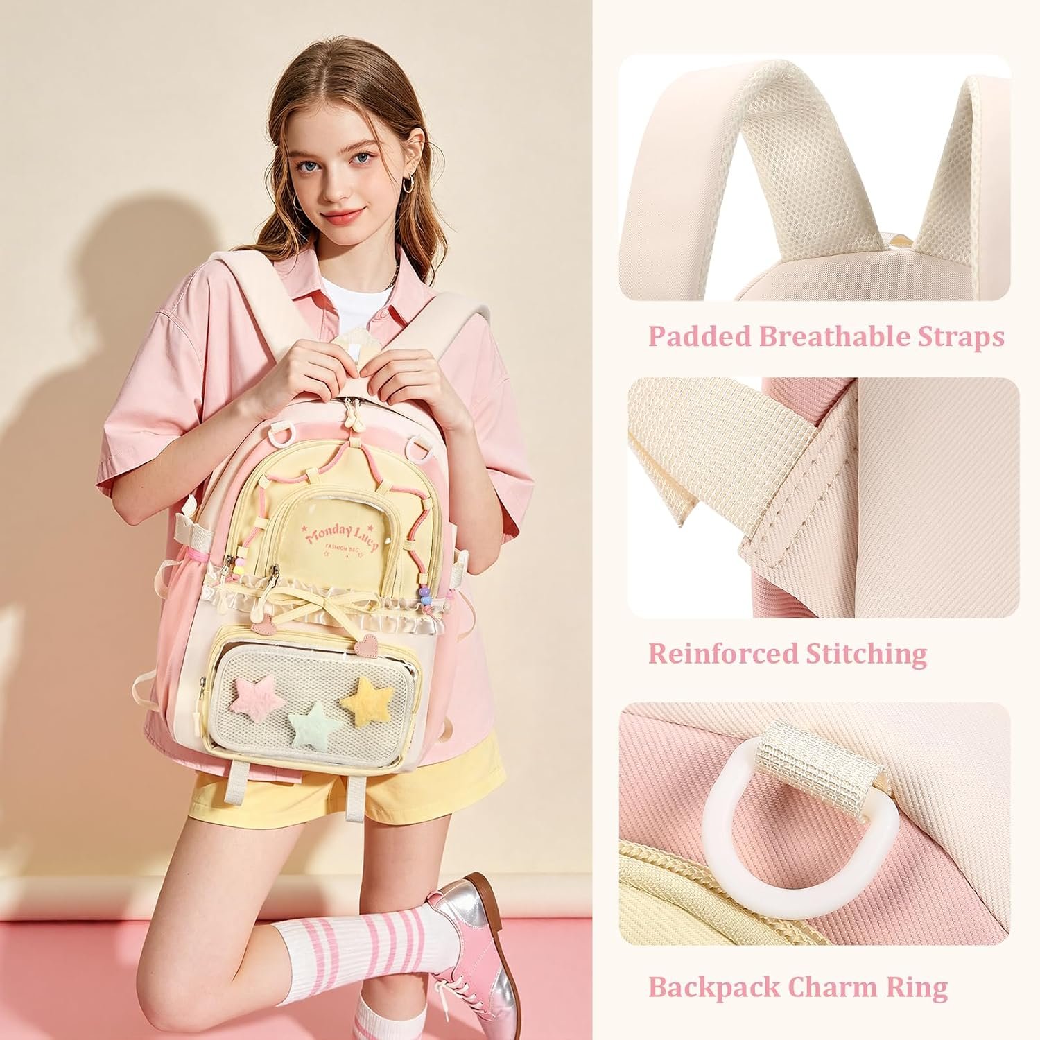 Kawaii ita Backpack - Cute Backpack Coquette Aesthetic Back Pack Y2K Daypack with Clear Pockets with Clear Pockets (Pink) - Image 3
