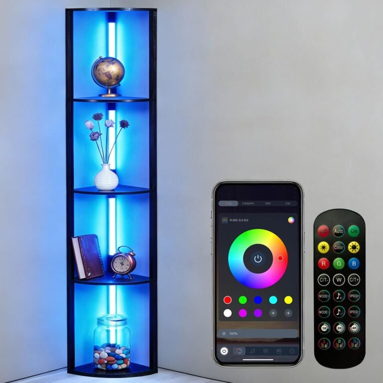 RGBCW Floor Lamp with Shelves, LED Smart Modern Floor Lamp with Music Sync, Color Changing Corner Display Shelf Lamp, Standing Lamp with Shelves for Living Room and Bedroom, Office, Black