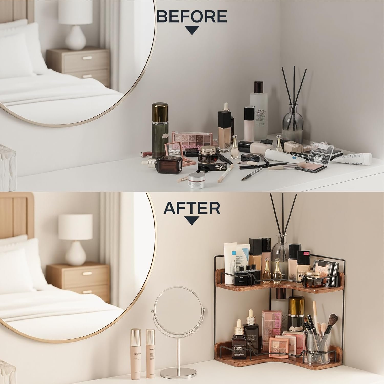 2-Tier Bathroom Counter Organizer, Wooden Corner Shelf for Vanity Countertop Skincare & Makeup, Storage and Organization for Kitchen - Image 5