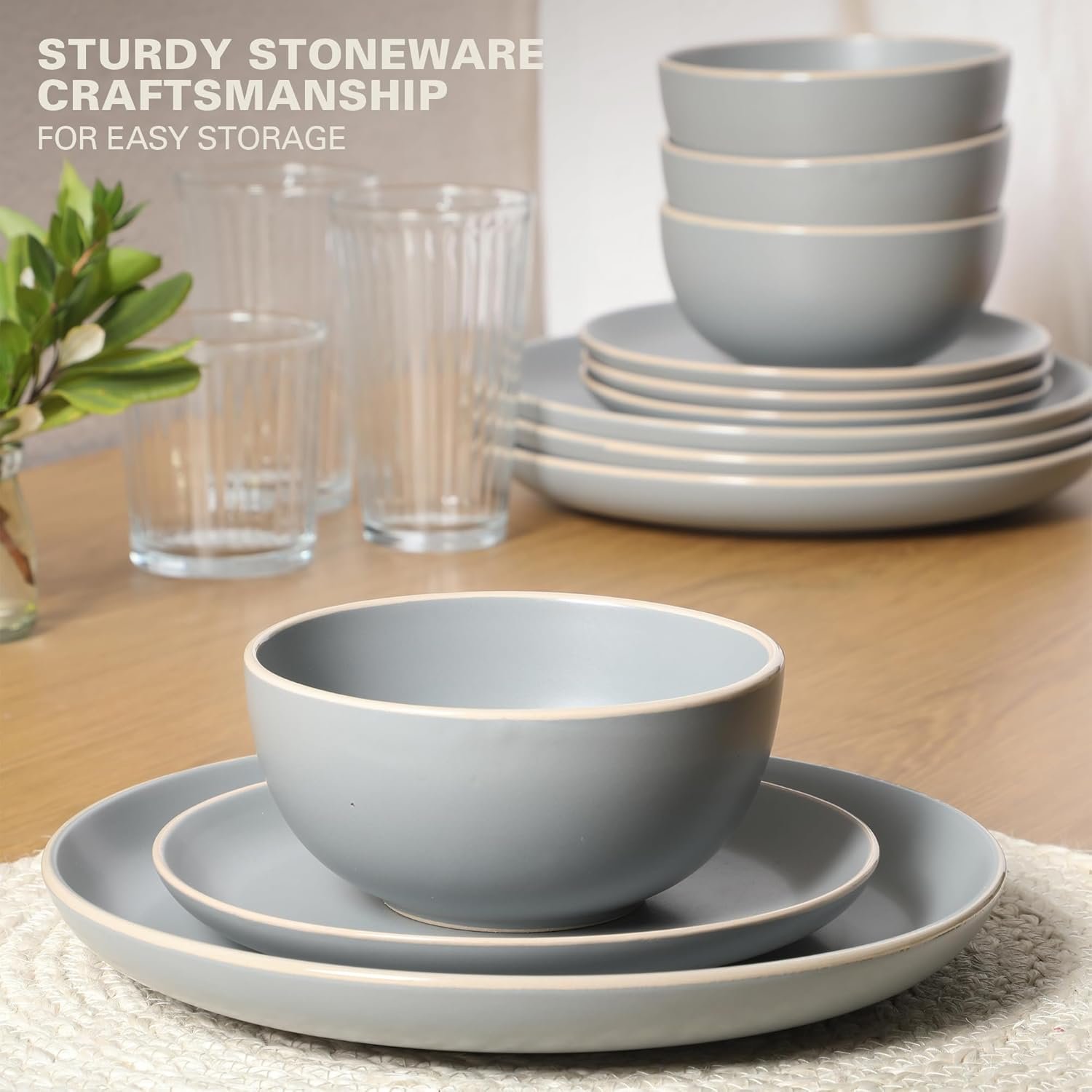 Gibson Home Rockaway 12-Piece Stoneware Dinnerware Set, Matte Finish, Service for 4, Modern Ceramic Plates and Bowls, Microwave & Dishwasher Safe – Soft Gray - Service for 4 - Image 4