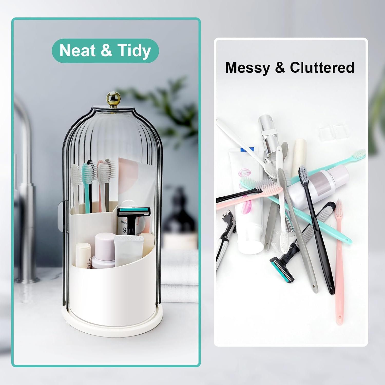QIYVLOS Toothbrush Holders with Sliding Lid, Rotating 3 Slots Bathroom Organizer Countertop, Tooth Brush Toothpaste Holder Bathroom Counter Stand Sink Organizer Caddy for Vanity Makeup Brushes Holder - Image 4