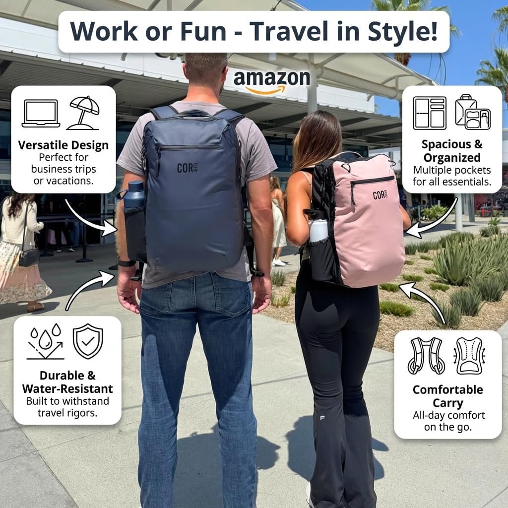 COR Surf Carry On Travel Backpack Bundle | Island Hopper Travel Backpack with Toiletry Bag and Compression Packing Cube Set (28L, Black) - Image 9