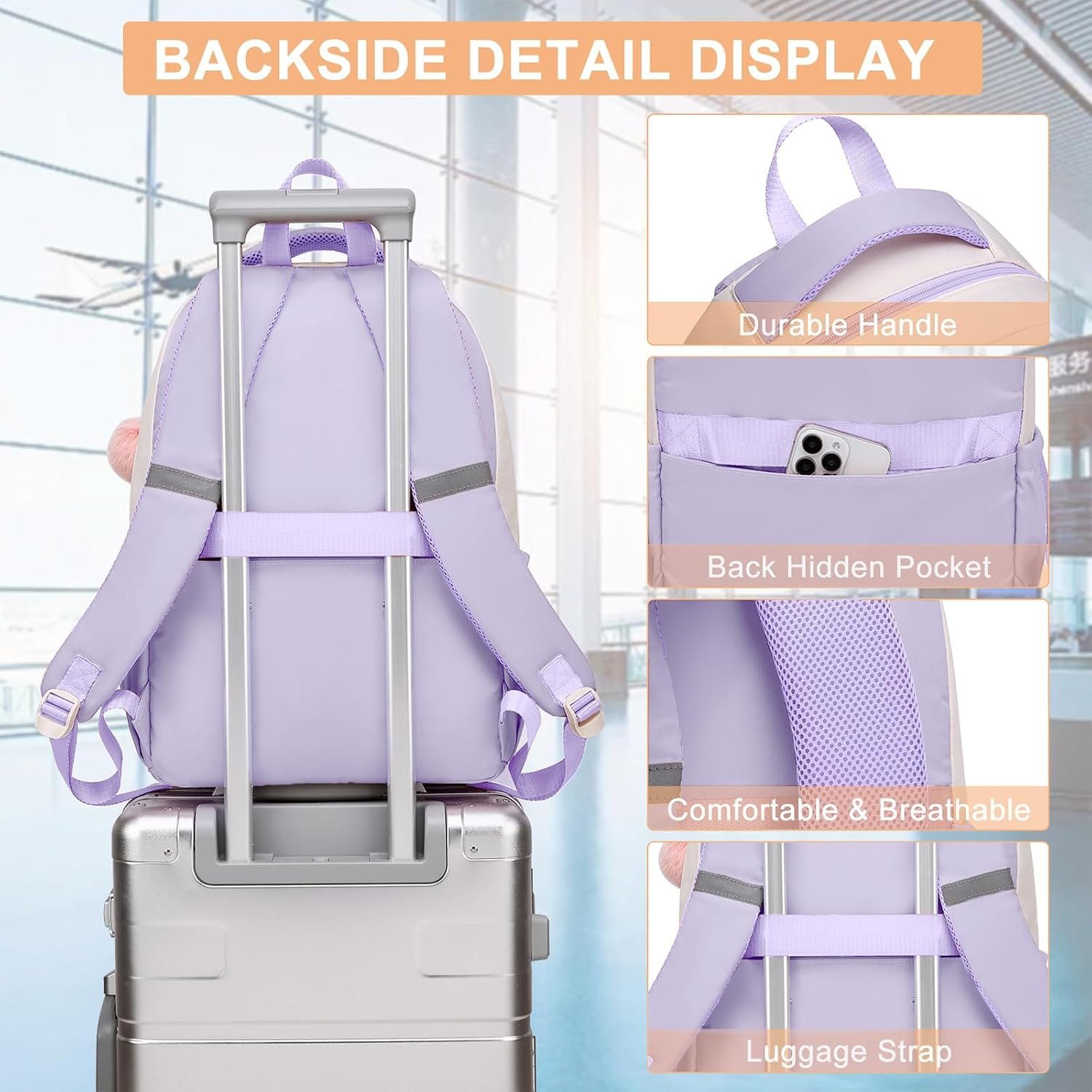 School Backpack for Teen Girls College Students, 15.6 Inch Cute Anti-Theft Bookbag for Middle High School, Large Ergonomic Shoulder Straps Daypack Travel Backpack, Pastel Lilac - Image 6