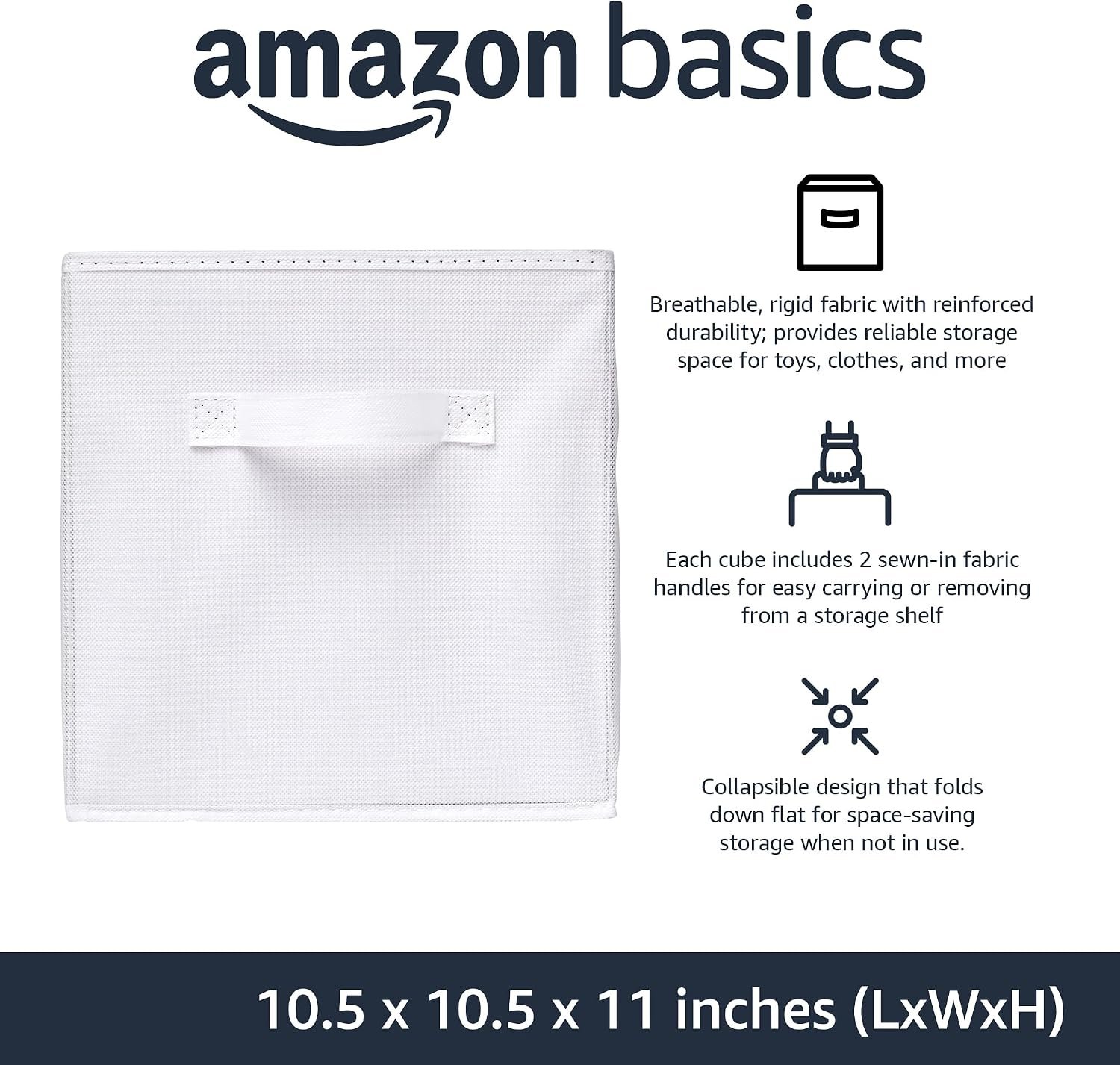 Amazon Basics Collapsible Fabric Storage Cubes Organizer with Handles, Sturdy Storage Bins, White, 10.5-x-10.5-x-11-inch, 6-Pack - Image 2