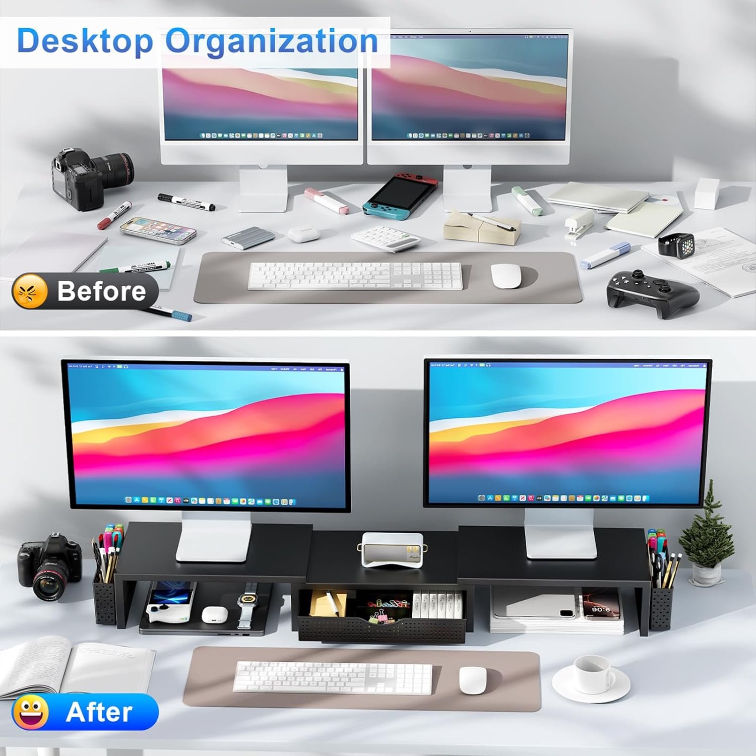 gianotter Dual Monitor Stand Riser With Drawer and 2 Pen Holders - Image 2