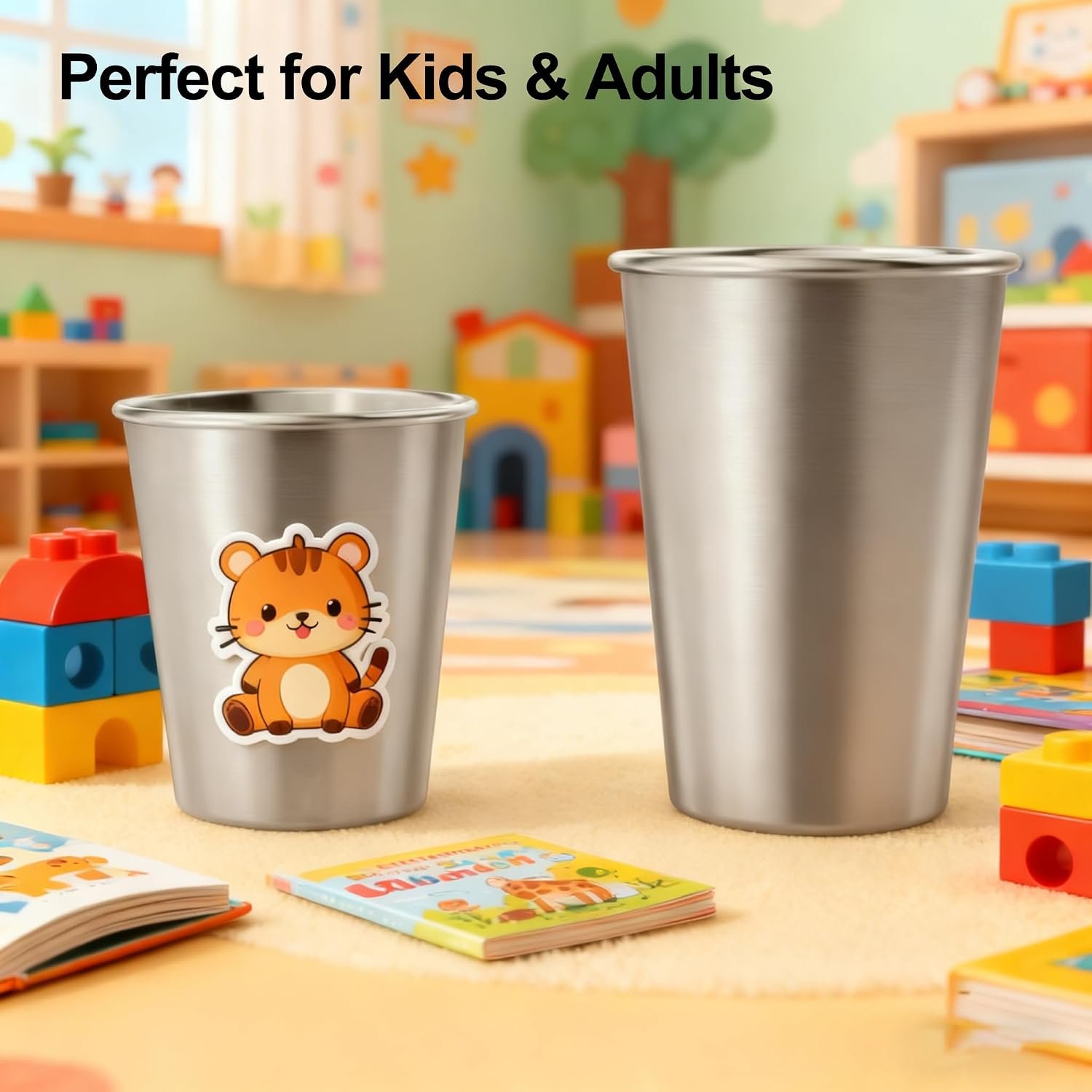 Stainless Steel Cups & Pint Tumblers Set of 8 - 4 Pack 8 oz + 4 Pack 16 oz Stackable, BPA Free Unbreakable 304 Metal Drinking Glasses for Children & Adults, Indoor Outdoor Picnic Travel Camping - Image 4