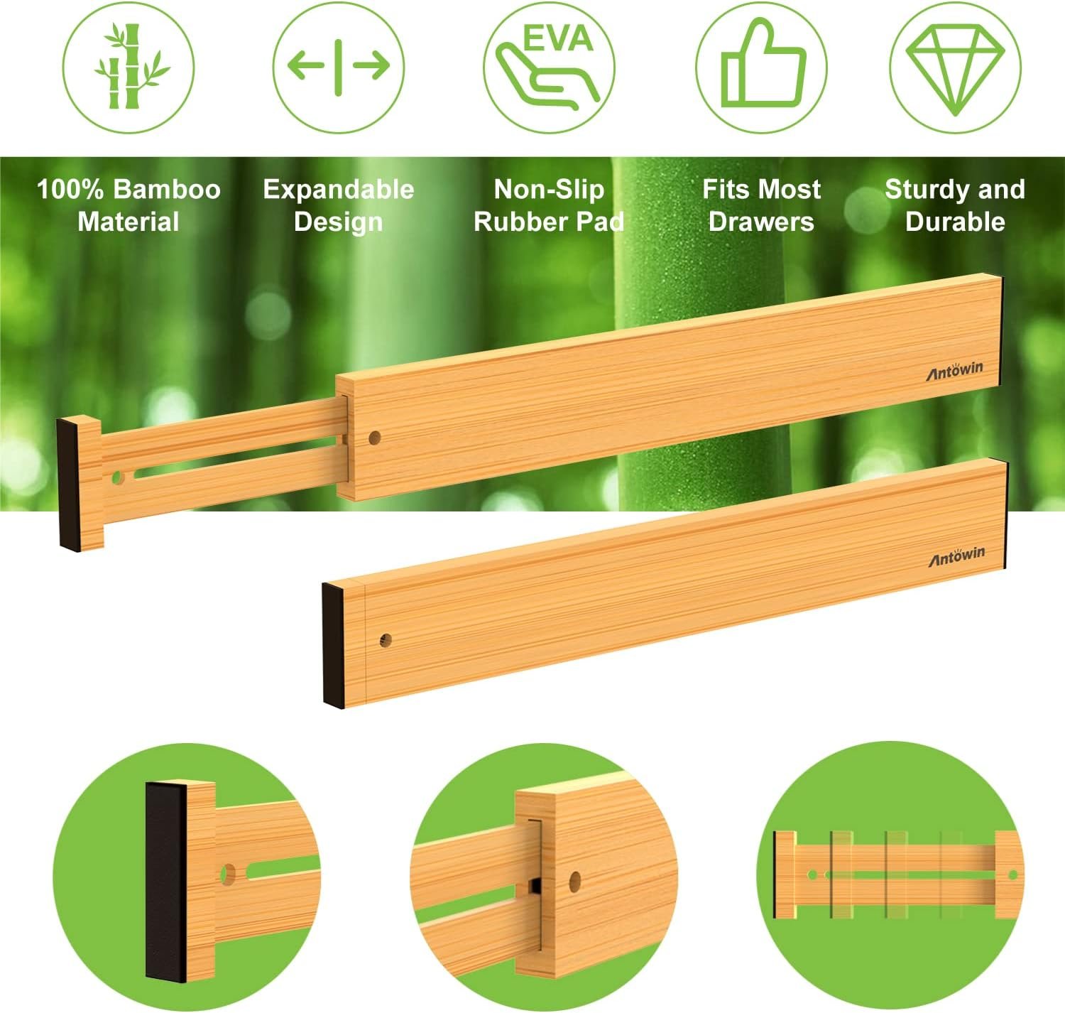 ANTOWIN Bamboo Drawer Dividers, Expandable Drawer Separators Splitter, 17-22 inches Adjustable Spring-loaded Organizer for Large Utensil, Clothes, Tools Drawers, 6 Pack Dividers + 4 Pack Baffle - Image 3