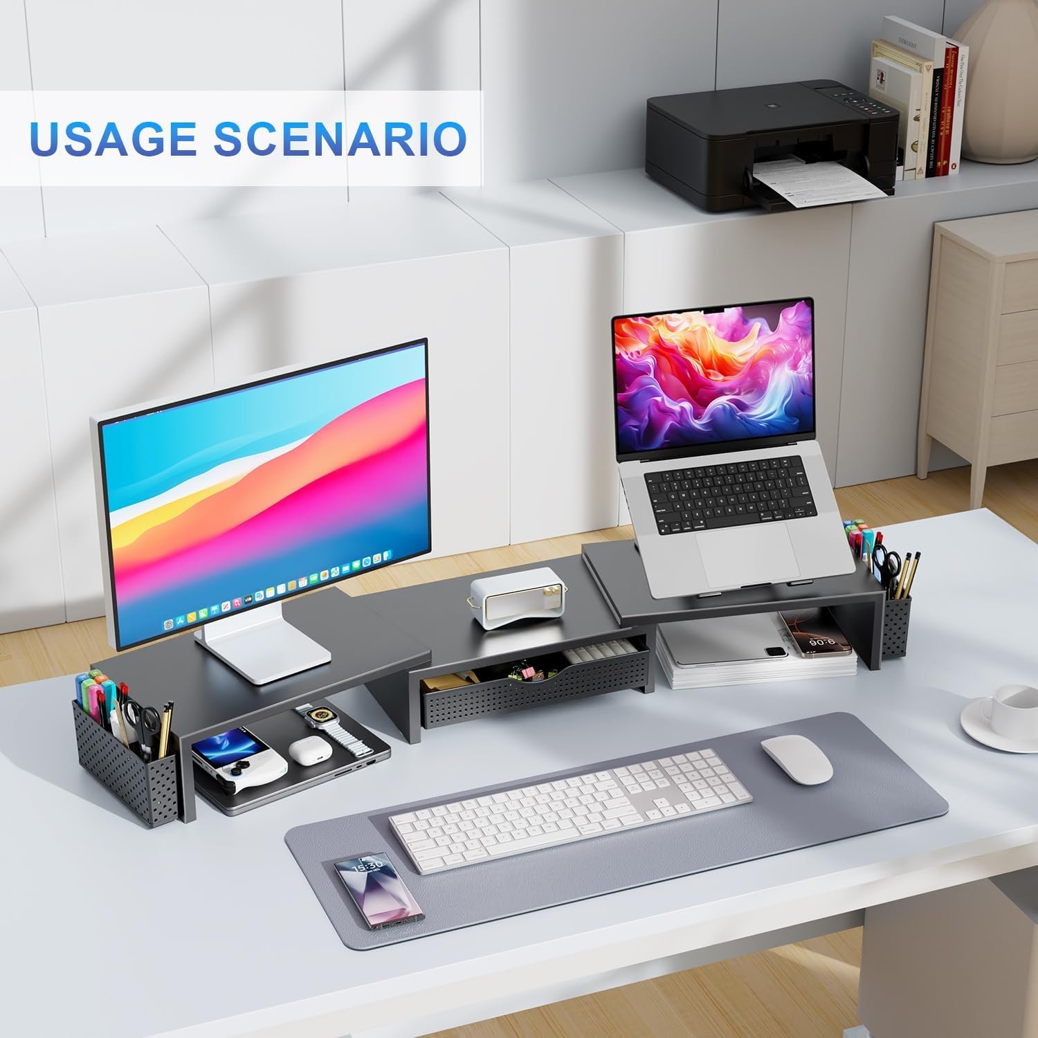gianotter Dual Monitor Stand Riser With Drawer and 2 Pen Holders - Image 4