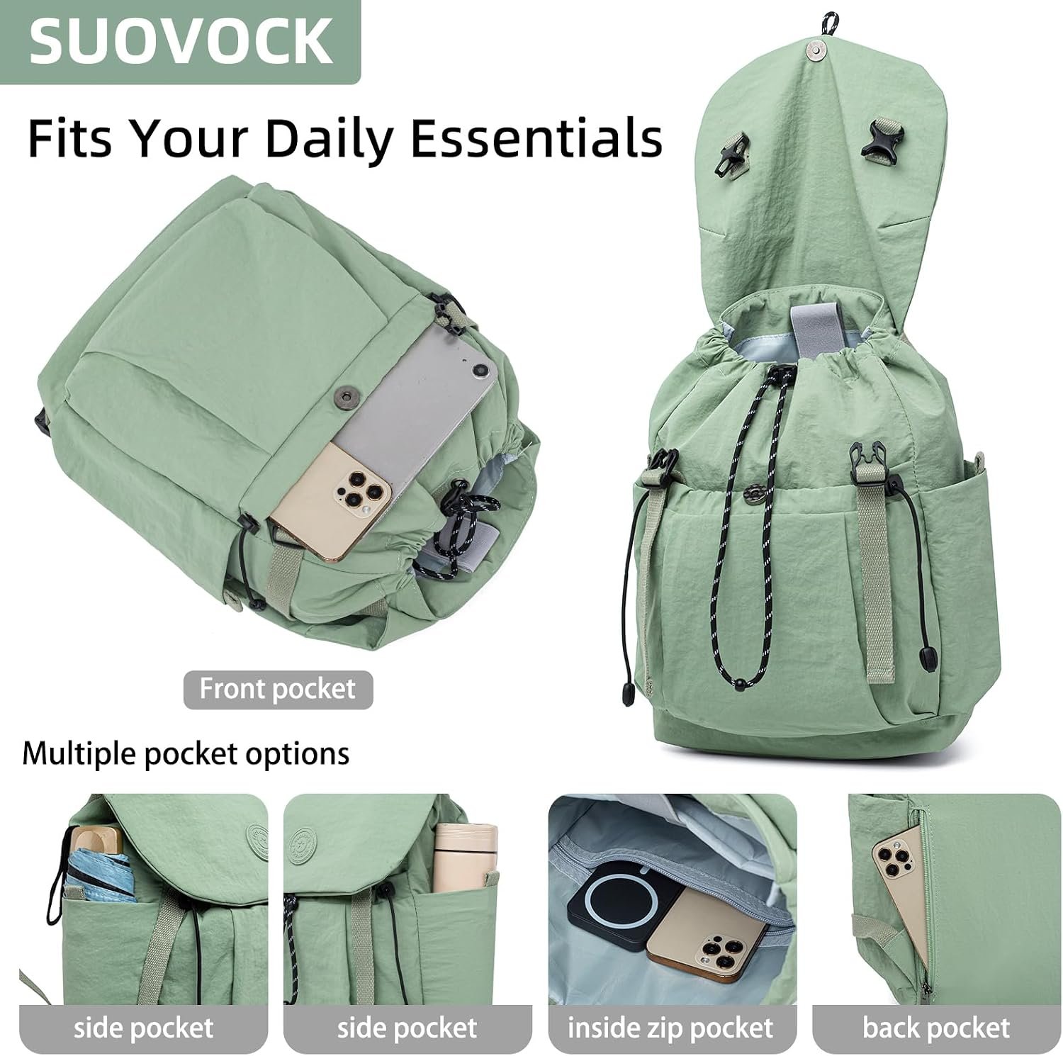 Women's Lightweight Backpack Purse, Water Resistant Nylon Casual Travel Backpack with Multiple Pockets, Fashion Daypack for Work, Shopping, Hiking, Travel & Daily Use (Sage Green, Small) - Image 6