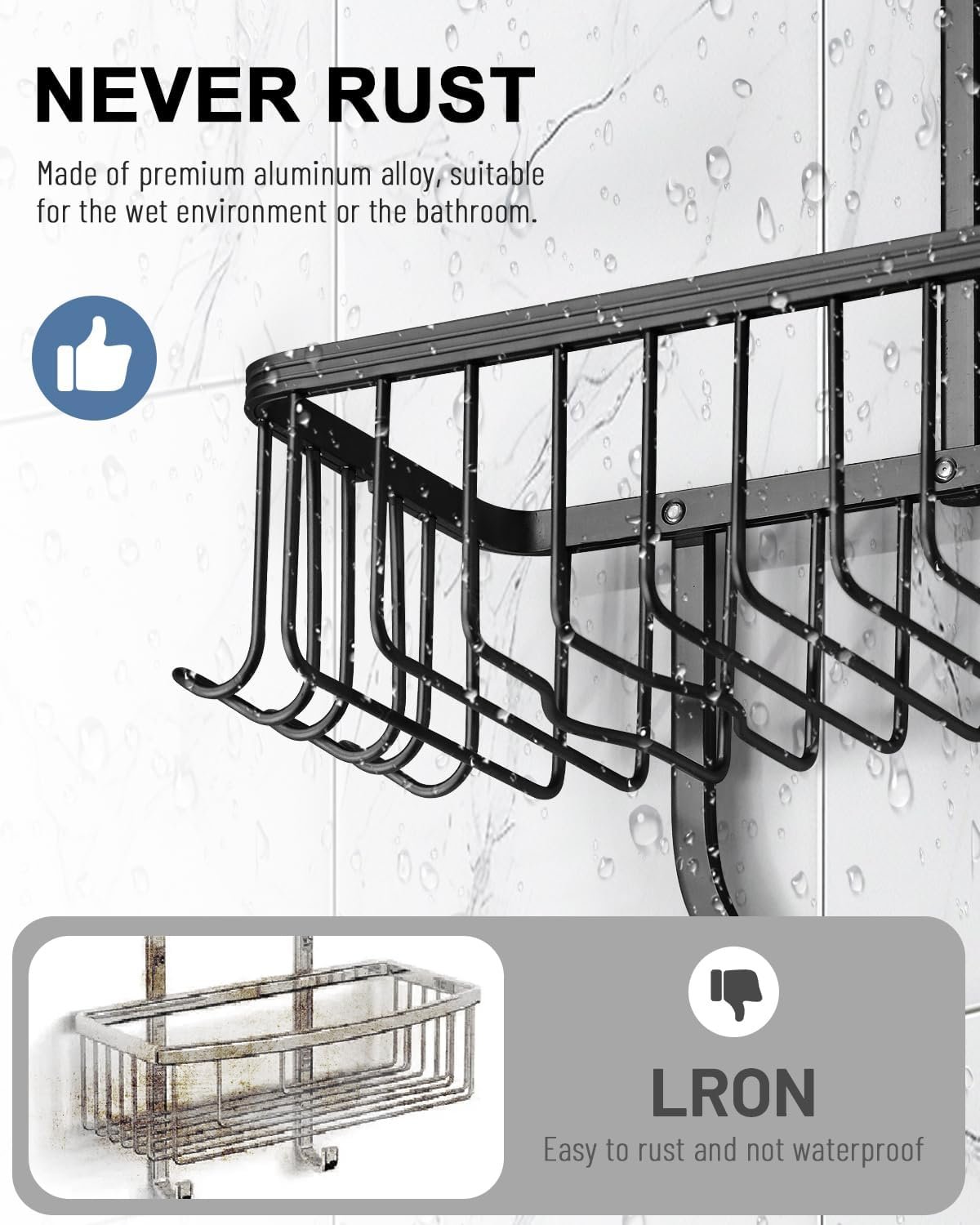 Shower Caddy Hanging - Never Rust Shower Hanging Organizer - Aluminum Over the ShowerHead Caddy with Soap Basket and 6 Hooks for Razor/Sponge (Black) - Image 4