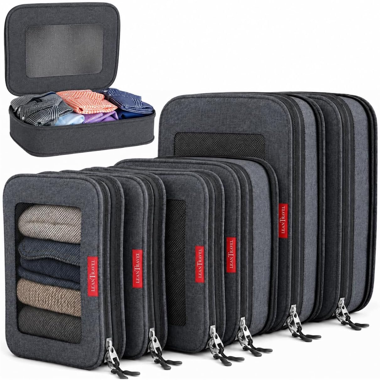 LeanTravel Premium Compression Packing Cubes for Travel - Suitcase Organizer Bags with Double Zipper & Breathable Mesh Panel - Space Saving Carry On Luggage Essentials (6-Pack, Black)