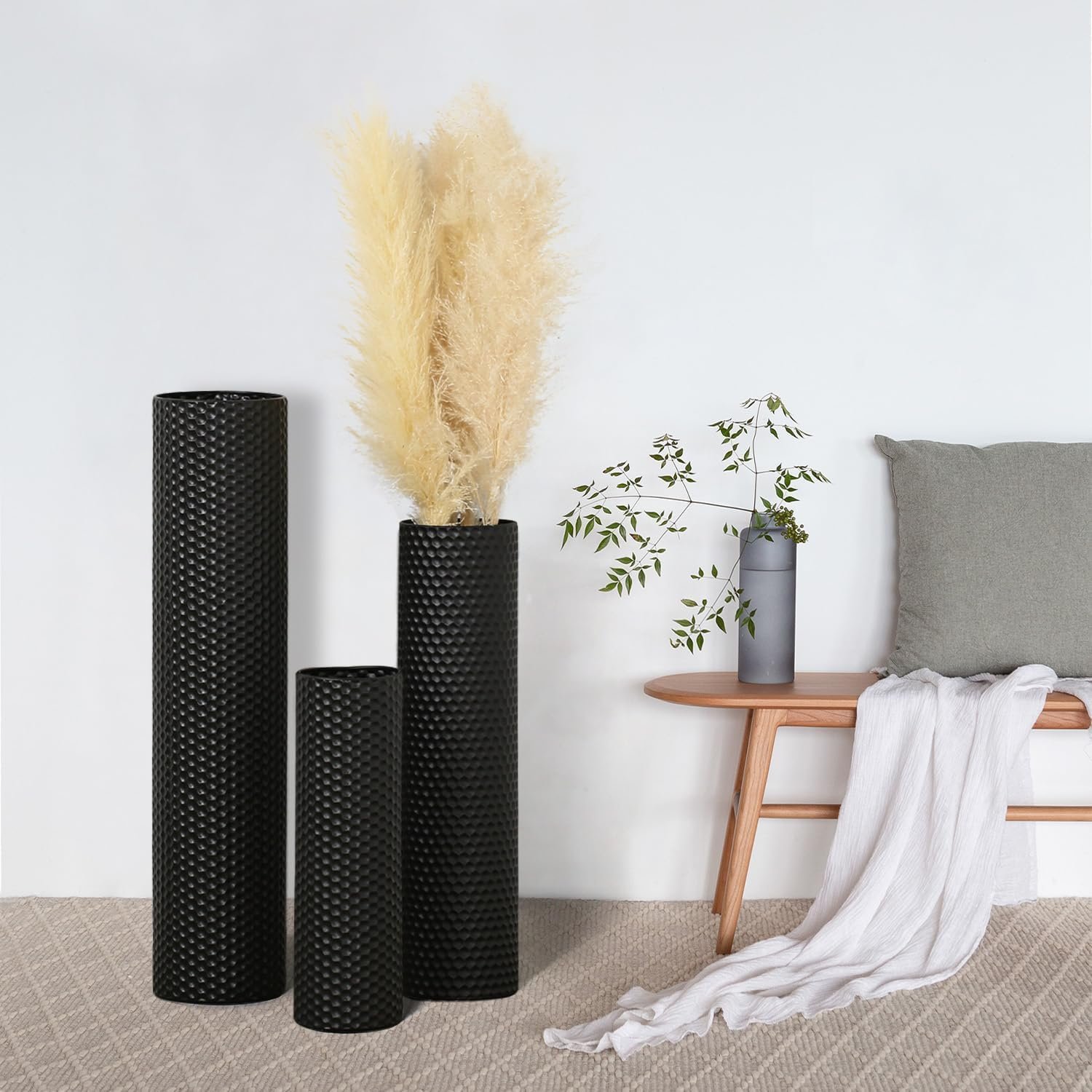 Dnnnii Tall Floor Vases Set of 3 - Black Metal Cylinder Vases for Living Room Corner, Modern Honeycomb Texture, Extra Large Standing Decor (Tallest 27.6in, Home Bedroom Dining Decor) - Image 7
