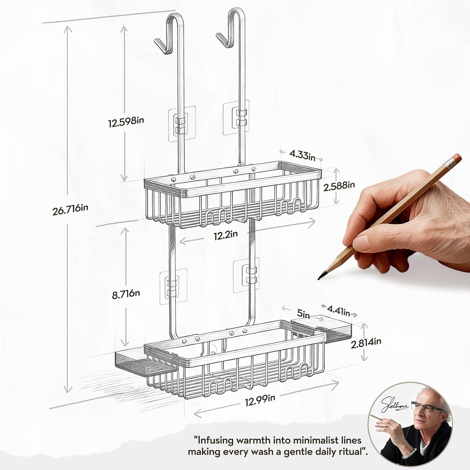 Over the Door Shower Caddy Hanging With Double Soap Holder Never Rust Aluminum Shower Shelf With 4 Hooks Hanging Bathroom Organizer No Drilling Shelves for Bathroom Storage Silver - Image 2