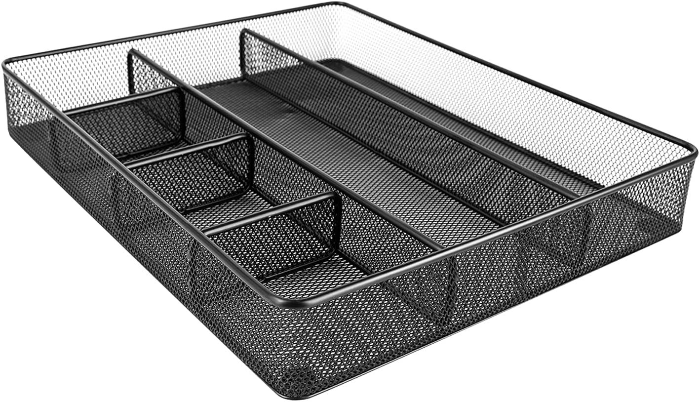 Amazon Basics Metal Mesh Desk Organizer with 6 Compartments, Anti-Slip Pen Holder Storage Tray for Office Supplies and Home, Black - Image 2