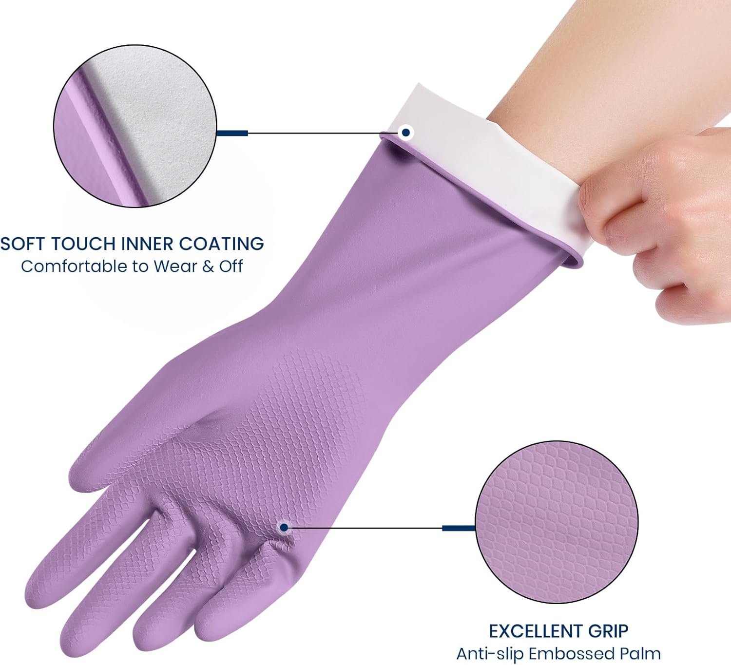 Rubber Cleaning Gloves for Dishwashing, 4 Pairs Reusable Kitchen Gloves for Washing Dishes and Household Cleaning, Colorful Dish Gloves with Flocked Lining and Non-Slip Grip, Pefect for Woman Men - M - Image 2