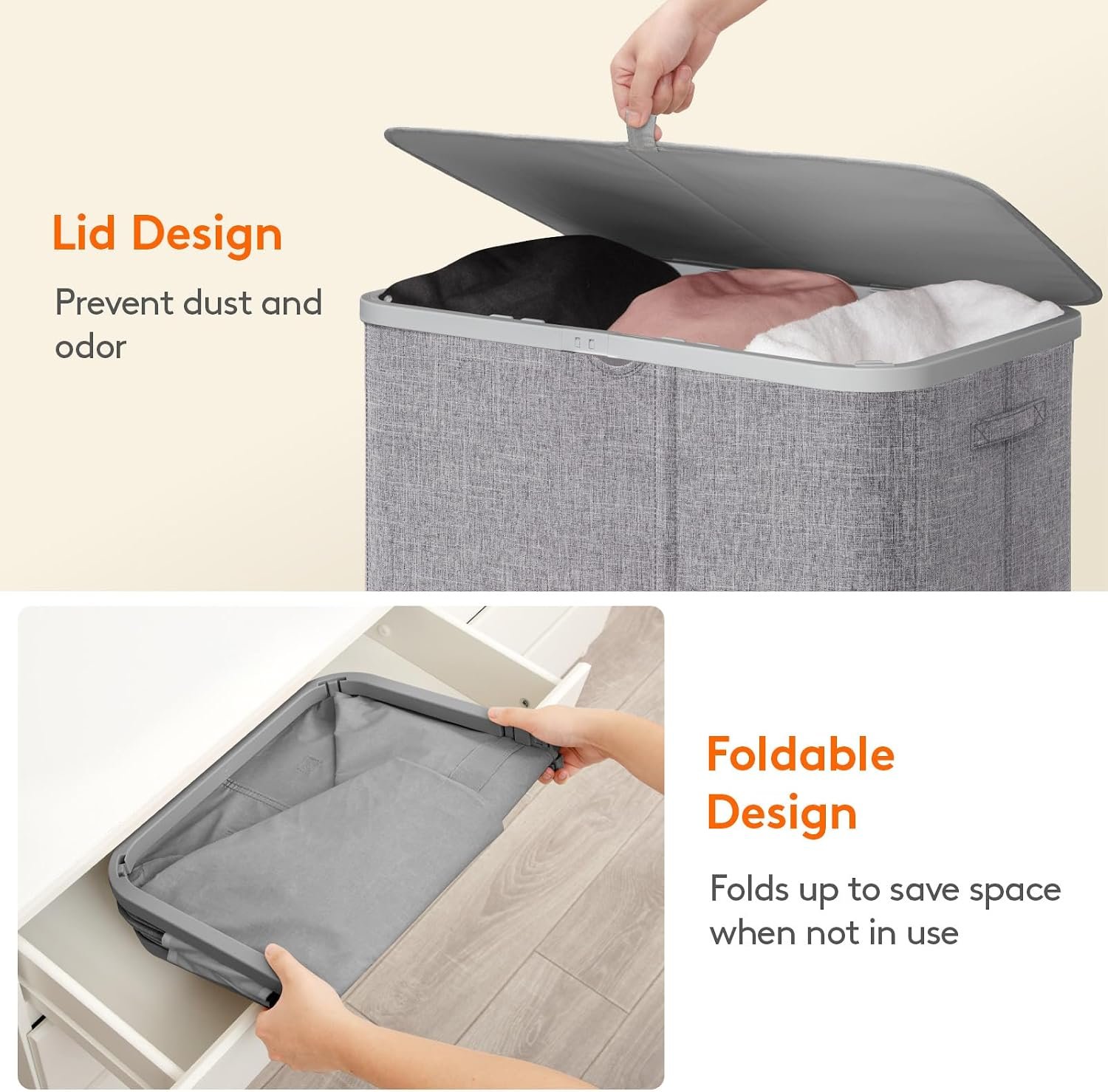 Lifewit 185L 3 Section Laundry Hamper with Lid, Laundry Basket, Light Gray - Image 8