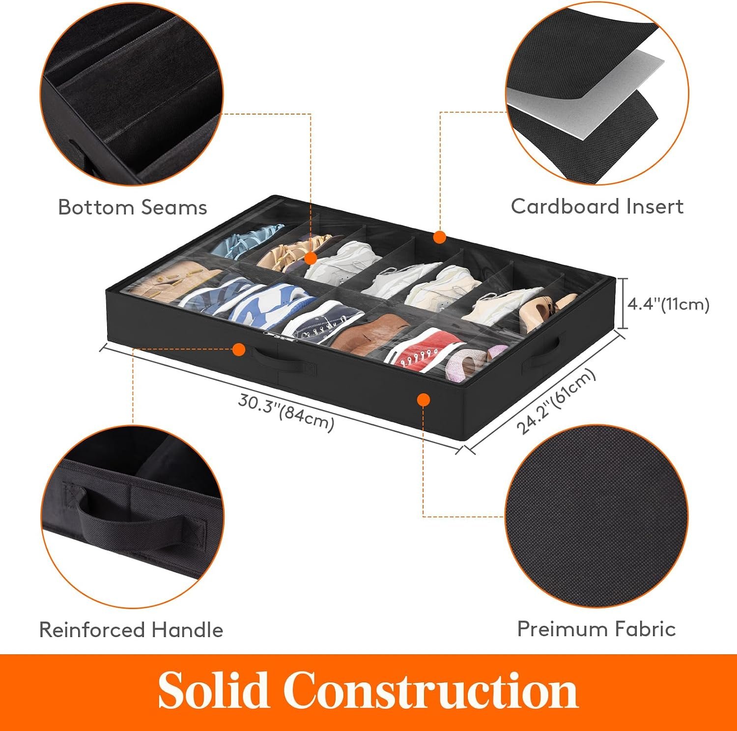 Lifewit Under Bed Shoe Storage Organizer 2 Pack(14 Shoes Cells), 4.3 Inches Profile Fabric Shoes Container Box with Clear Cover, Foldable Storage Bag with 2 Handles, Fits 14 to 28 Pairs - Image 3