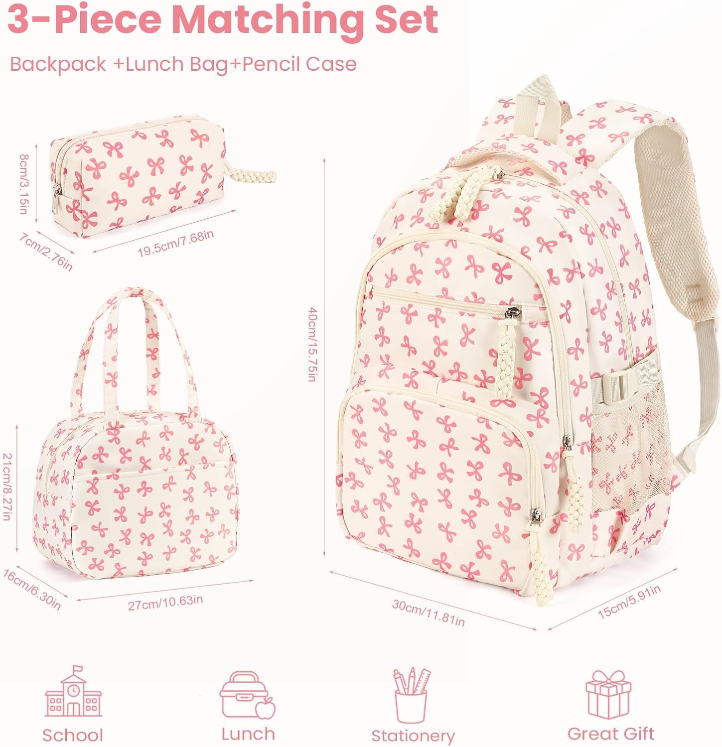 Coquette Bow Backpack - Cute Kawaii Backpack Set Aesthetic Daypack Coquette Rucksack (A01 Bow Pink) - Image 7
