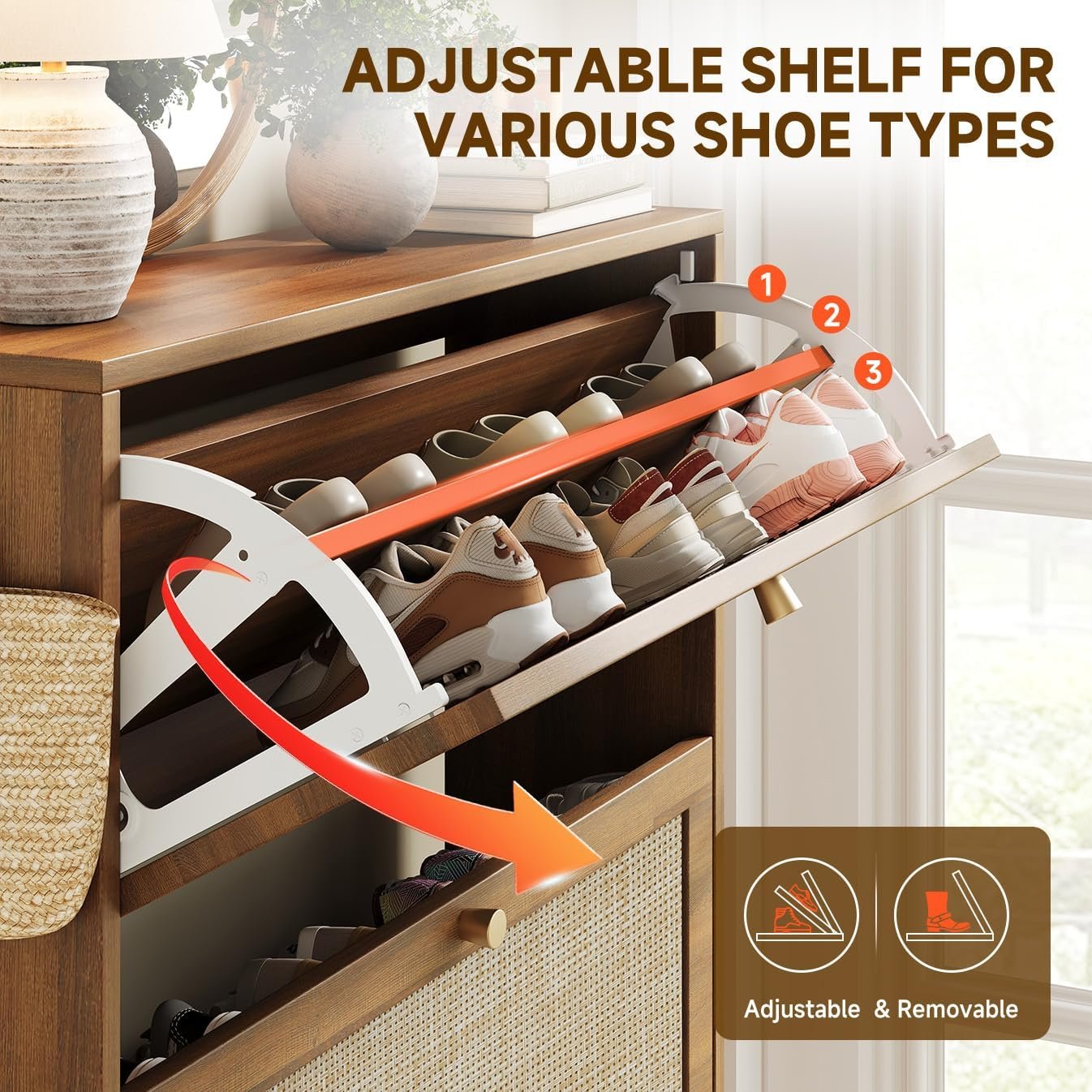 Nicetree Rattan Arched Accent Shoe Storage Cabinet - Freestanding Ultra Slim for Entryway, 2 Flip Drawers & 3-Tier Adjustable Shelves, Farmhouse Modern Rustic Shoe Rack for Hallway, Foyer, Living Room - Image 4