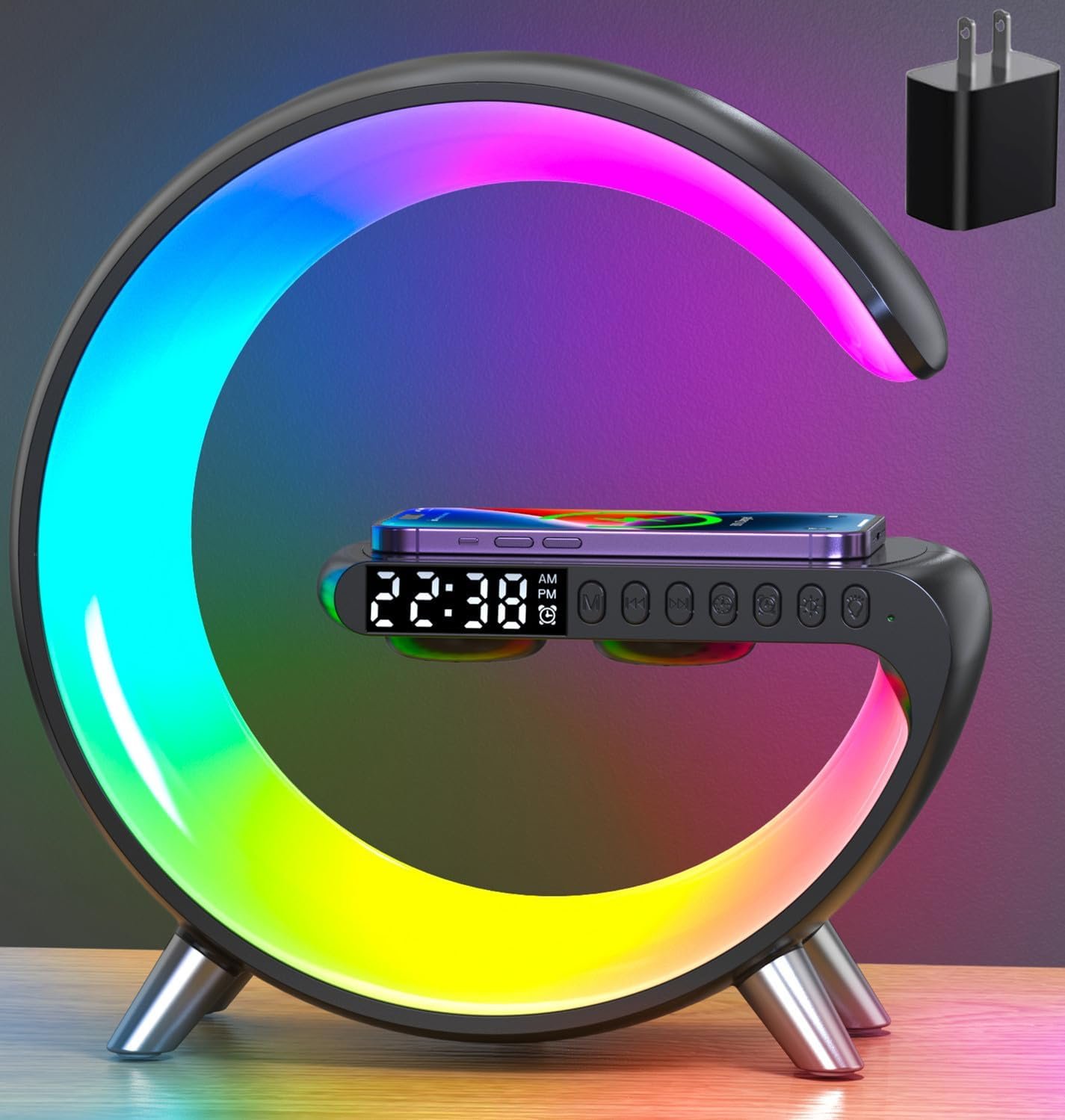 Smart LED Table Lamp, 4-in-1 Wireless Charger, Night Light, Alarm Clock, Bluetooth Speaker with App Control, Bedside Lamp with Charging Station for Bedroom, Office, Home Decor, Teen Girls Boys Gifts