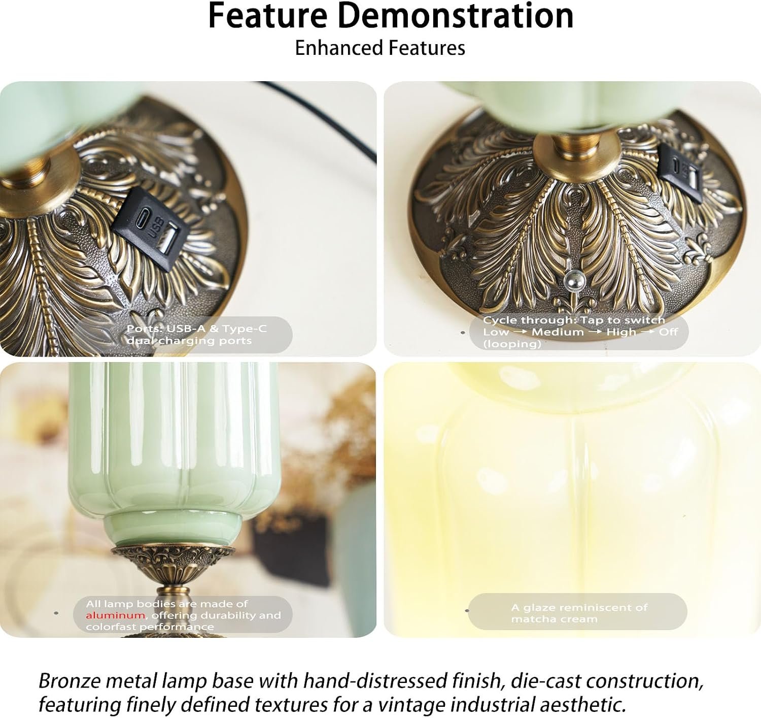Milk Glass Touch Table Lamp, Elegant Green Jadeite Glass Bedside Desk Lamp 3 Way Dimmable with USB C+A Charging Ports - Bedroom Nightstand & Living Room Essential, 4W Bulb Included (Green, 6.5) - Image 3