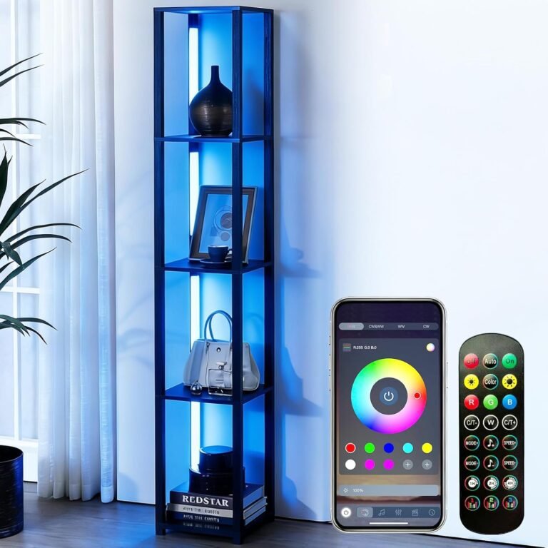 RGBCW Floor Lamp, LED Smart Modern Floor Lamp with Music Sync, Color Changing Corner Display Shelf Lamp, Square Standing Lamp with Shelves for Living Room and Bedroom, Office, Black