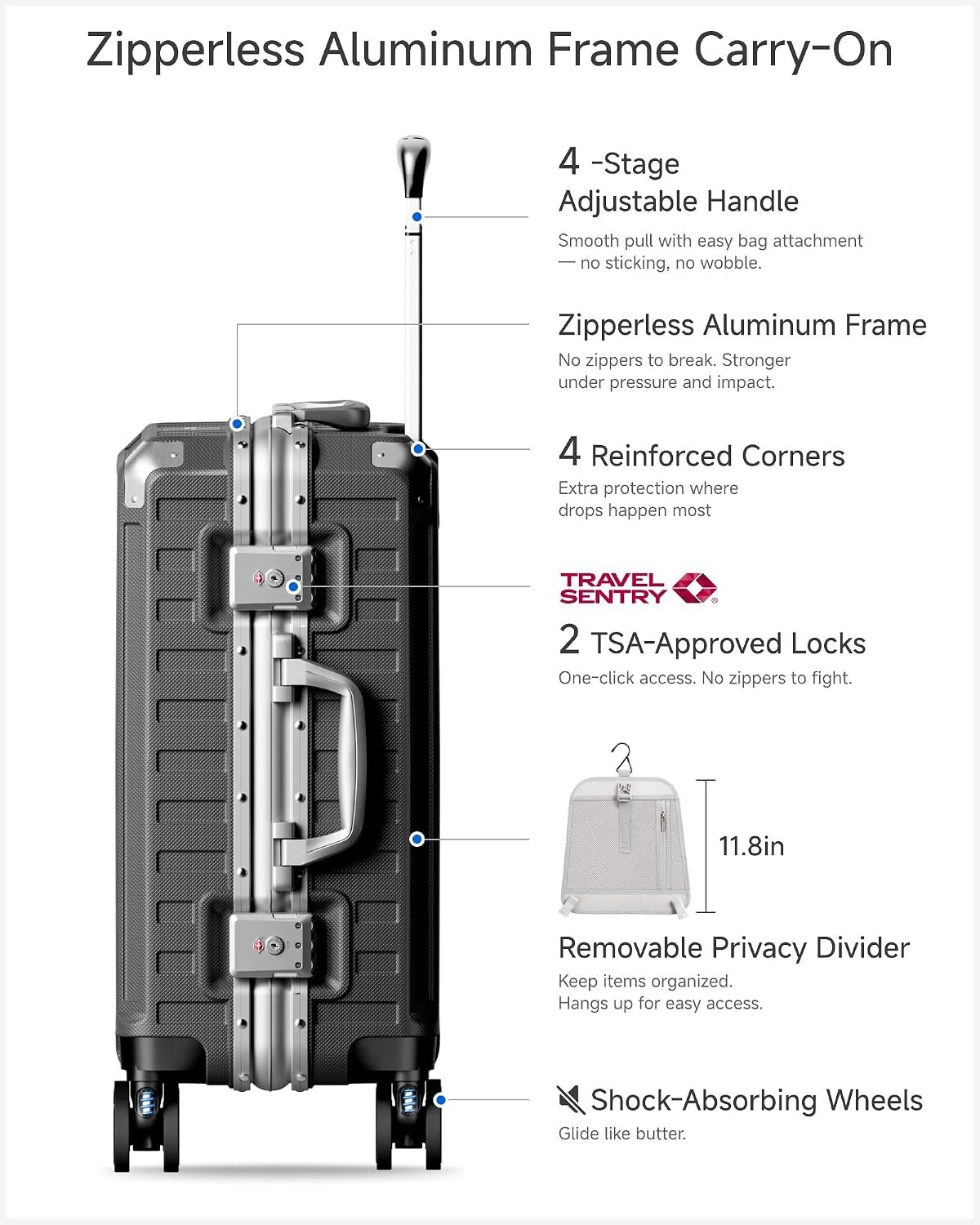 LUGGEX 20 Inch Zipperless Carry On Luggage, Charcoal Metallic - Image 4