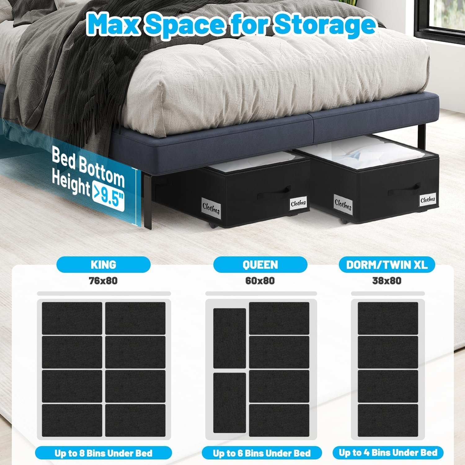 Under Bed Storage with Wheels, 2-Pack 10" Height XXL 75L Rolling Storage Bins, Quick Assembly Underbed Shoe Storage Containers with Clear Lid & Label, Dorm Under Bed Drawers for Clothes, Shoes, Grey - Image 9