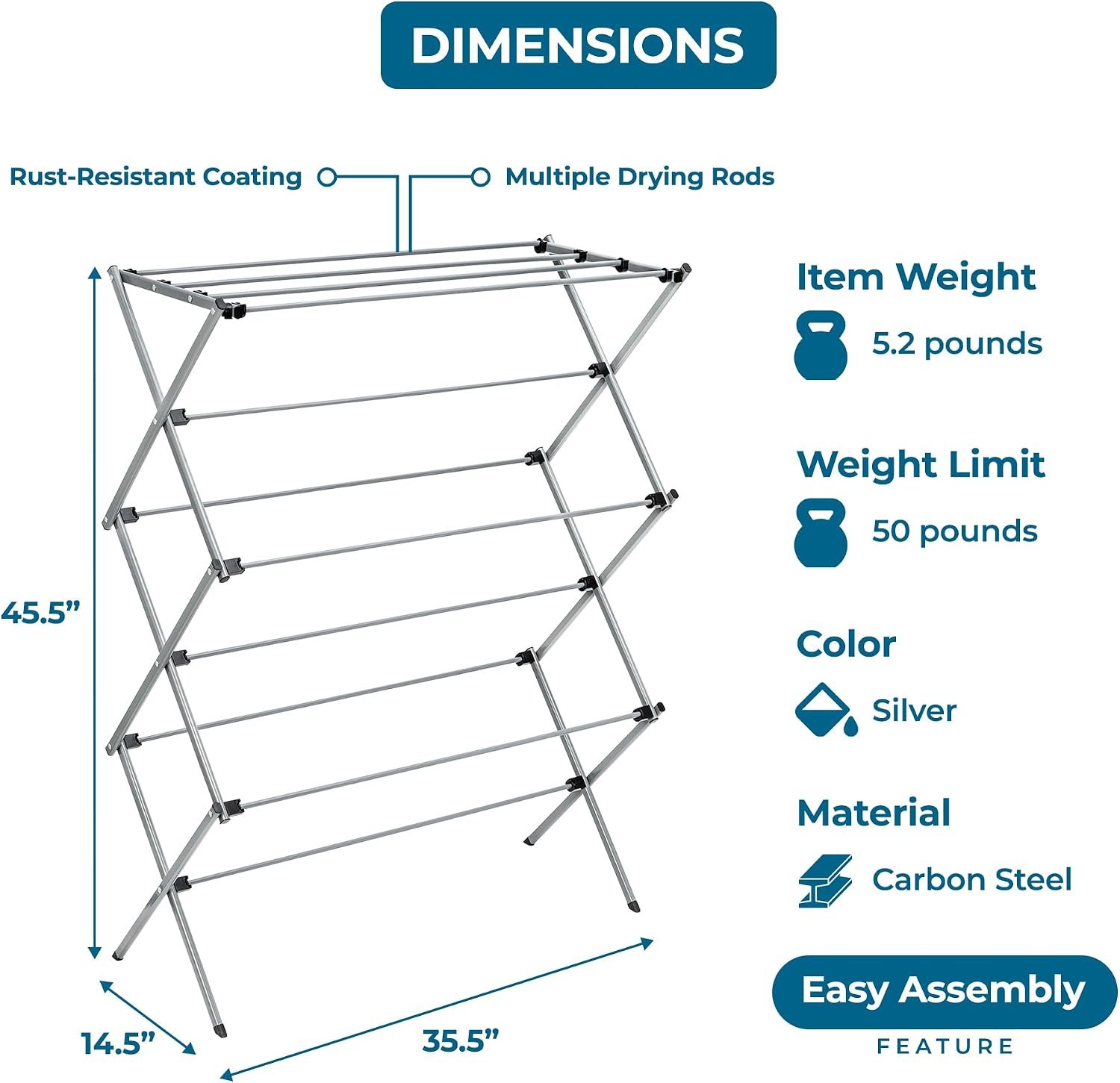 Honey-Can-Do Oversized Collapsible Clothes Drying Rack, 35", 50 lb, Grey - Image 7