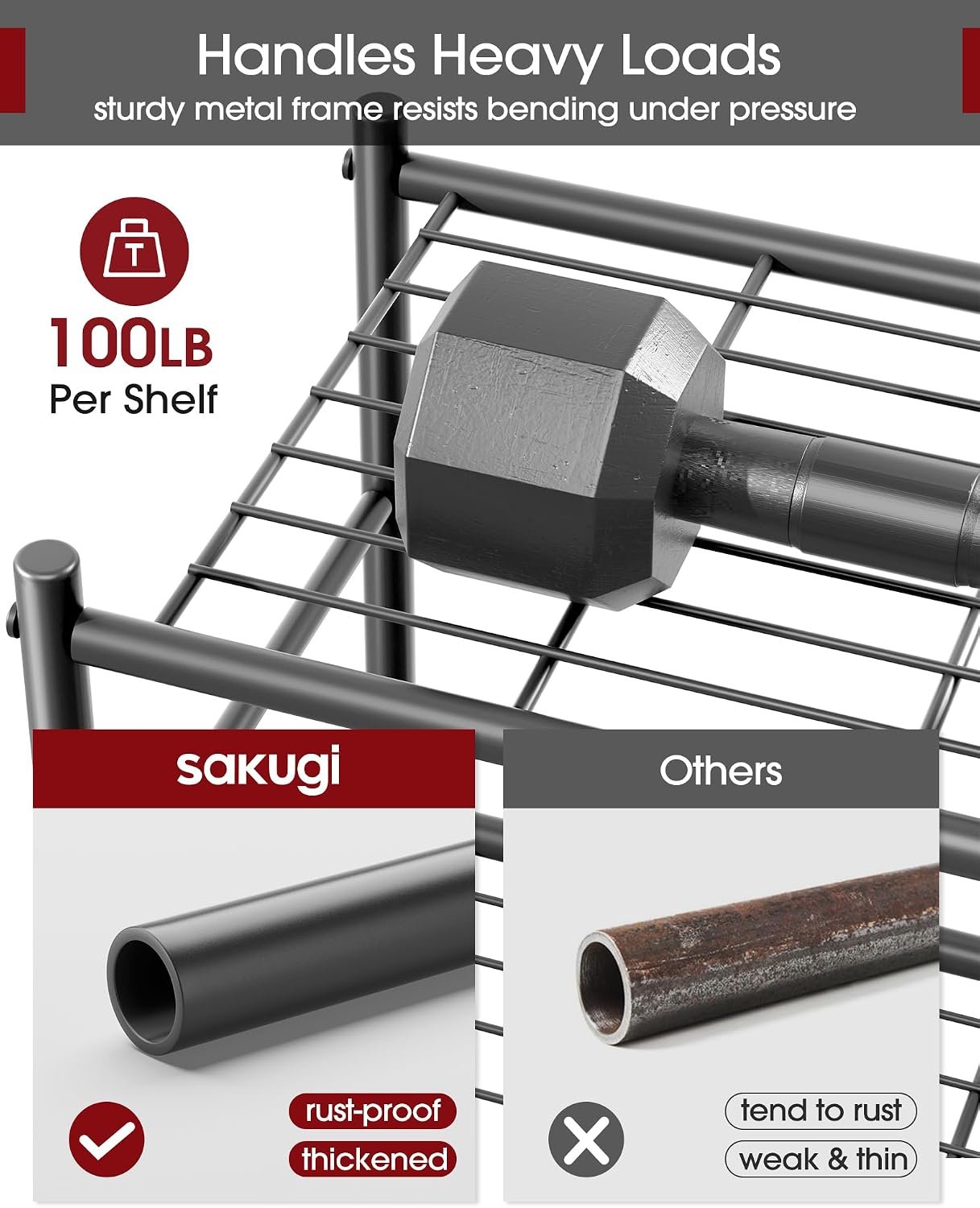 Sakugi 5-Tier Storage Rack Organizer with Hooks, Heavy Duty Metal Garage Rack with Leveling Feet, Freestanding Utility Rack for Bedroom, Balcony and Garage, 18.1"×12.4"×56.8", Black - Image 6