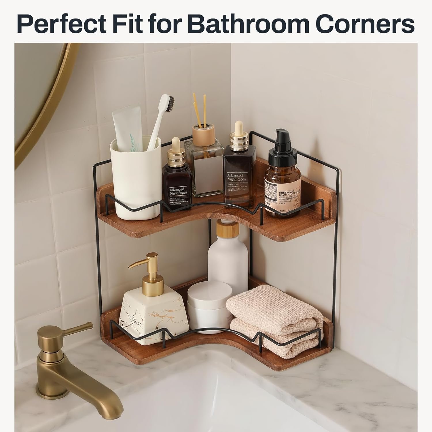 2-Tier Bathroom Counter Organizer, Wooden Corner Shelf for Vanity Countertop Skincare & Makeup, Storage and Organization for Kitchen - Image 4