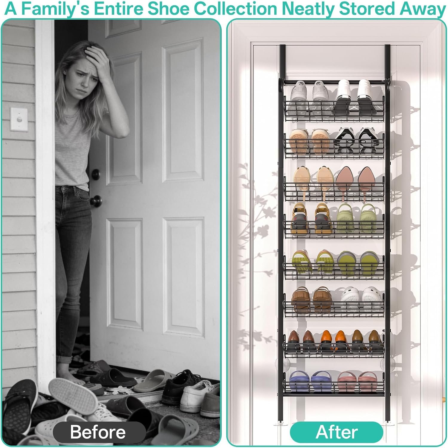 DTUQYX Over Door Shoe Rack - 8 Tiers Adjustable Heavy Duty Metal Hanging Shoe Rack for Closet Door, Space Saving Wall Mounted Shoe Storage Organizer for Shoes & Accessories, 67.52"x17.91"x9.84" - Image 4