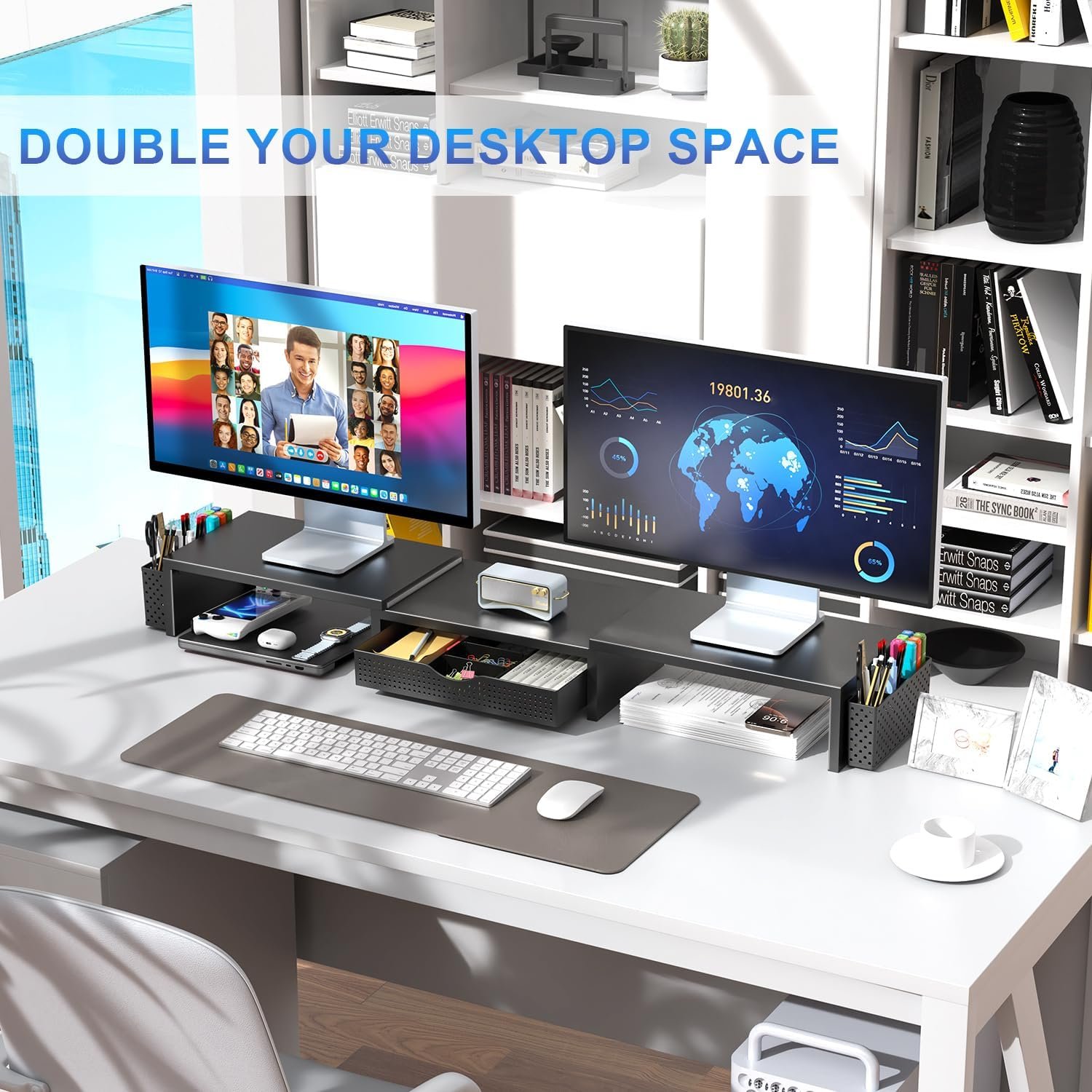 gianotter Dual Monitor Stand Riser With Drawer and 2 Pen Holders - Image 3