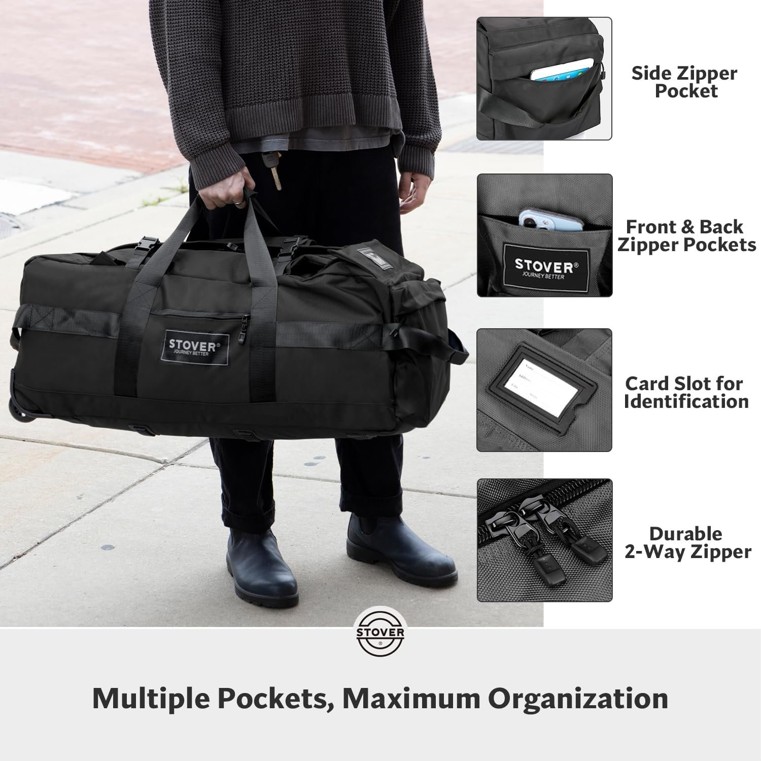 STOVER 45/80/100L Rolling Duffel Bag with Wheels, X-Large Durable Travel Duffle + Toiletry Bag, Heavy Duty, Packable with Shoulder Straps- Use as Luggage or Backpack, Men/Women (Black) - Image 5