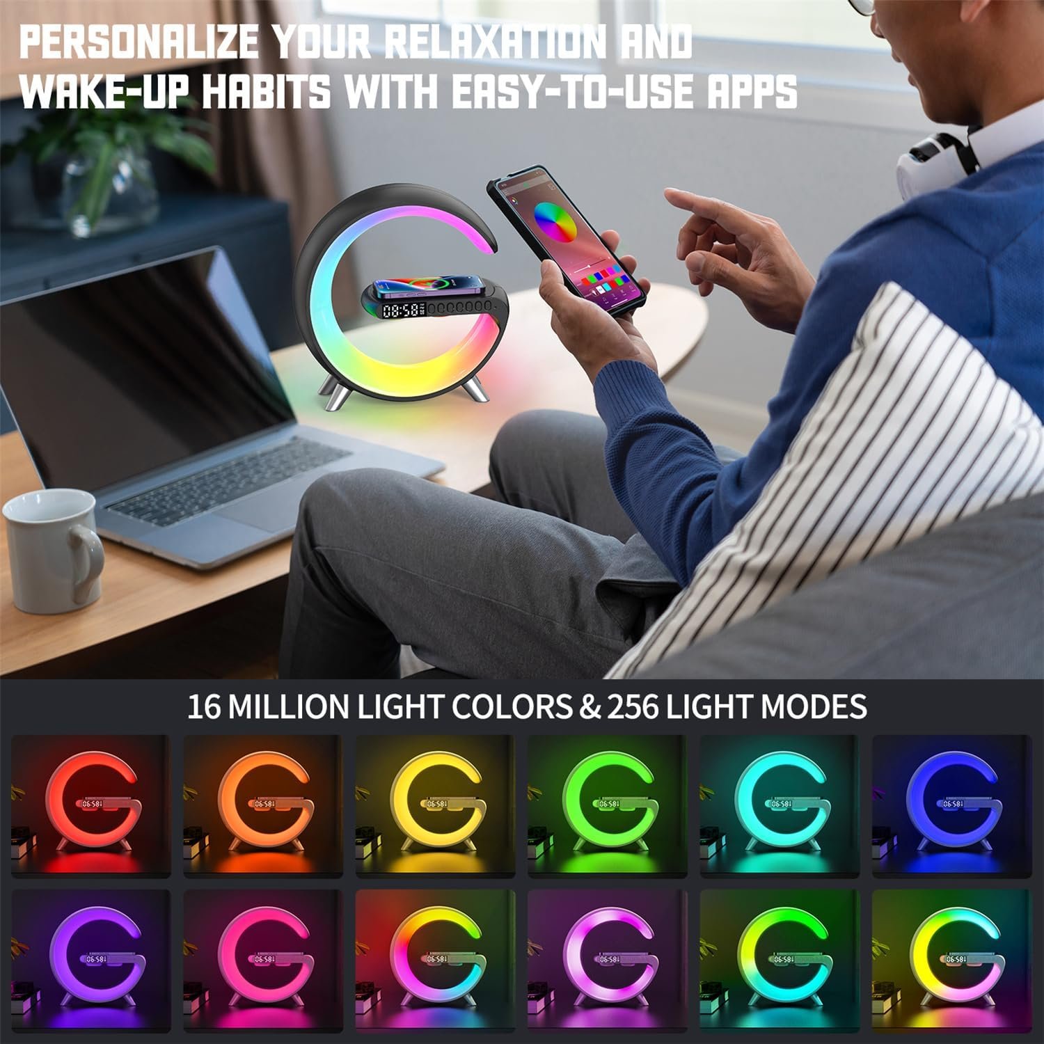 Smart LED Table Lamp, 4-in-1 Wireless Charger, Night Light, Alarm Clock, Bluetooth Speaker with App Control, Bedside Lamp with Charging Station for Bedroom, Office, Home Decor, Teen Girls Boys Gifts - Image 5